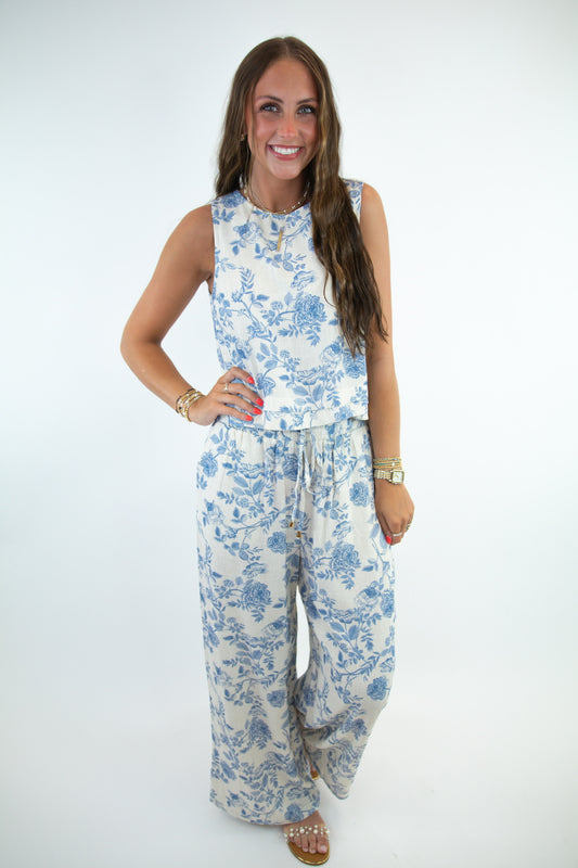Blue Blossom Linen Tank