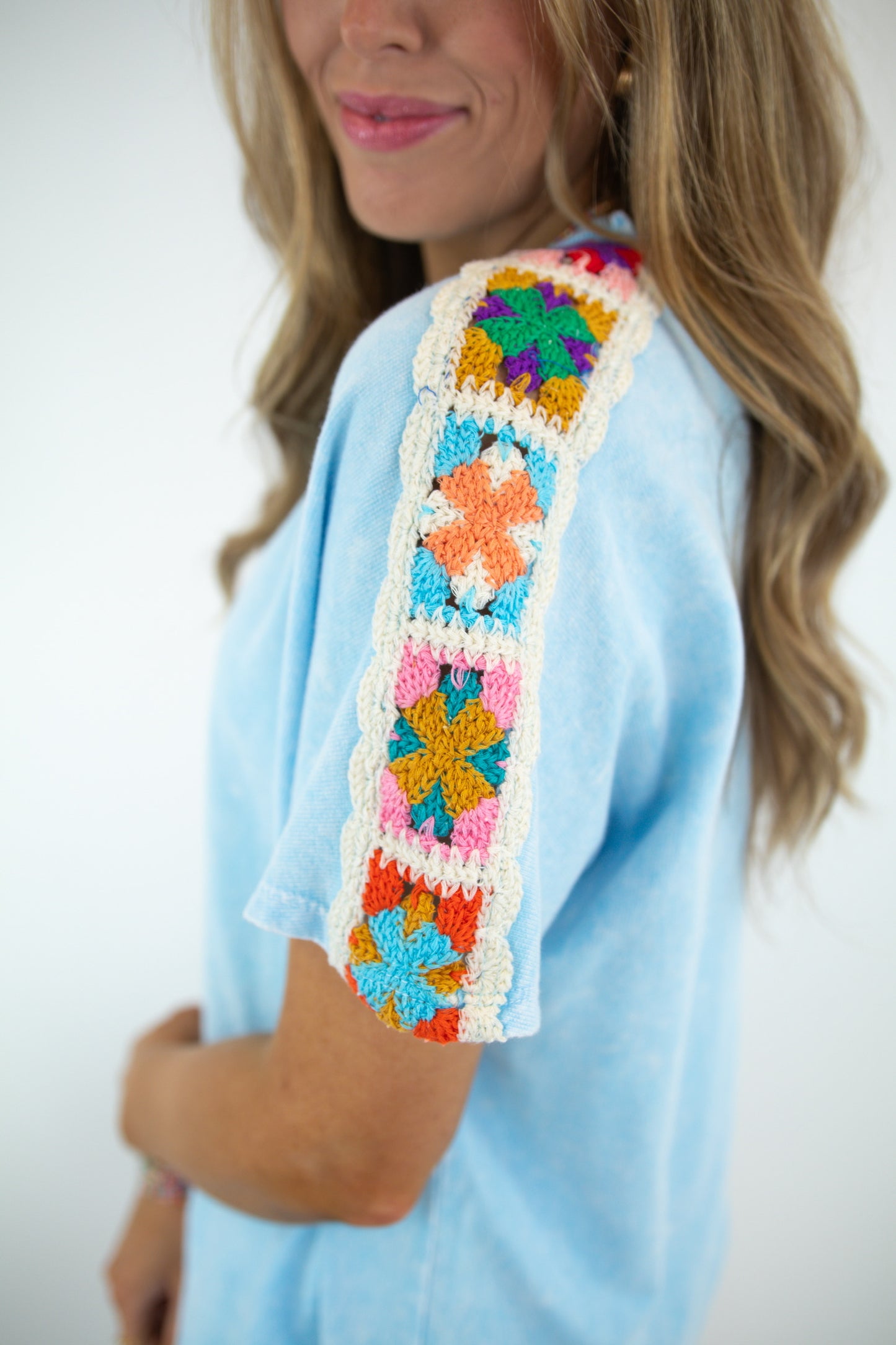 Baby Blue Mineral Wash Crochet Top