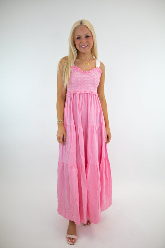 Pink Smocked Bow Tie Maxi Dress