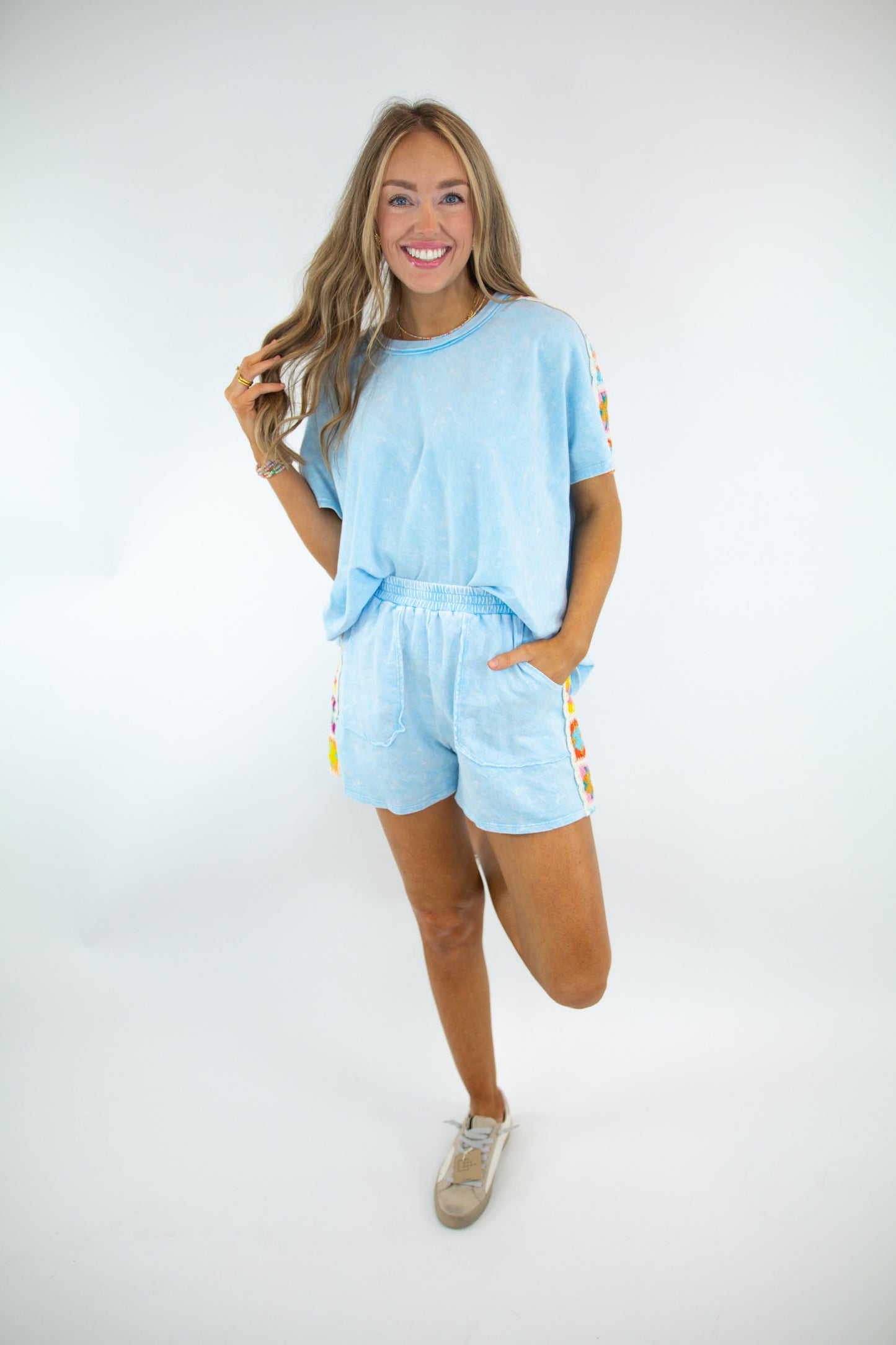 Baby Blue Mineral Wash Crochet Top