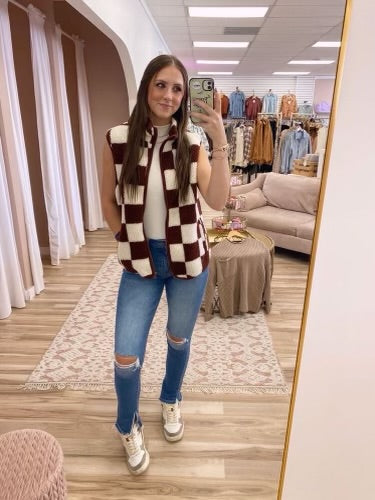 Checkered Zip Up Sweater Vest
