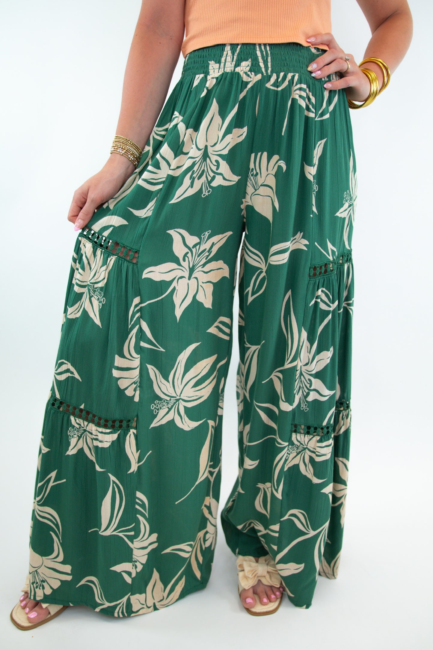 Lace Detail Tropical Wide Leg Pants