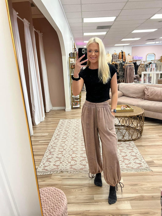 Loose Elastic Waist Linen Pants-Mocha