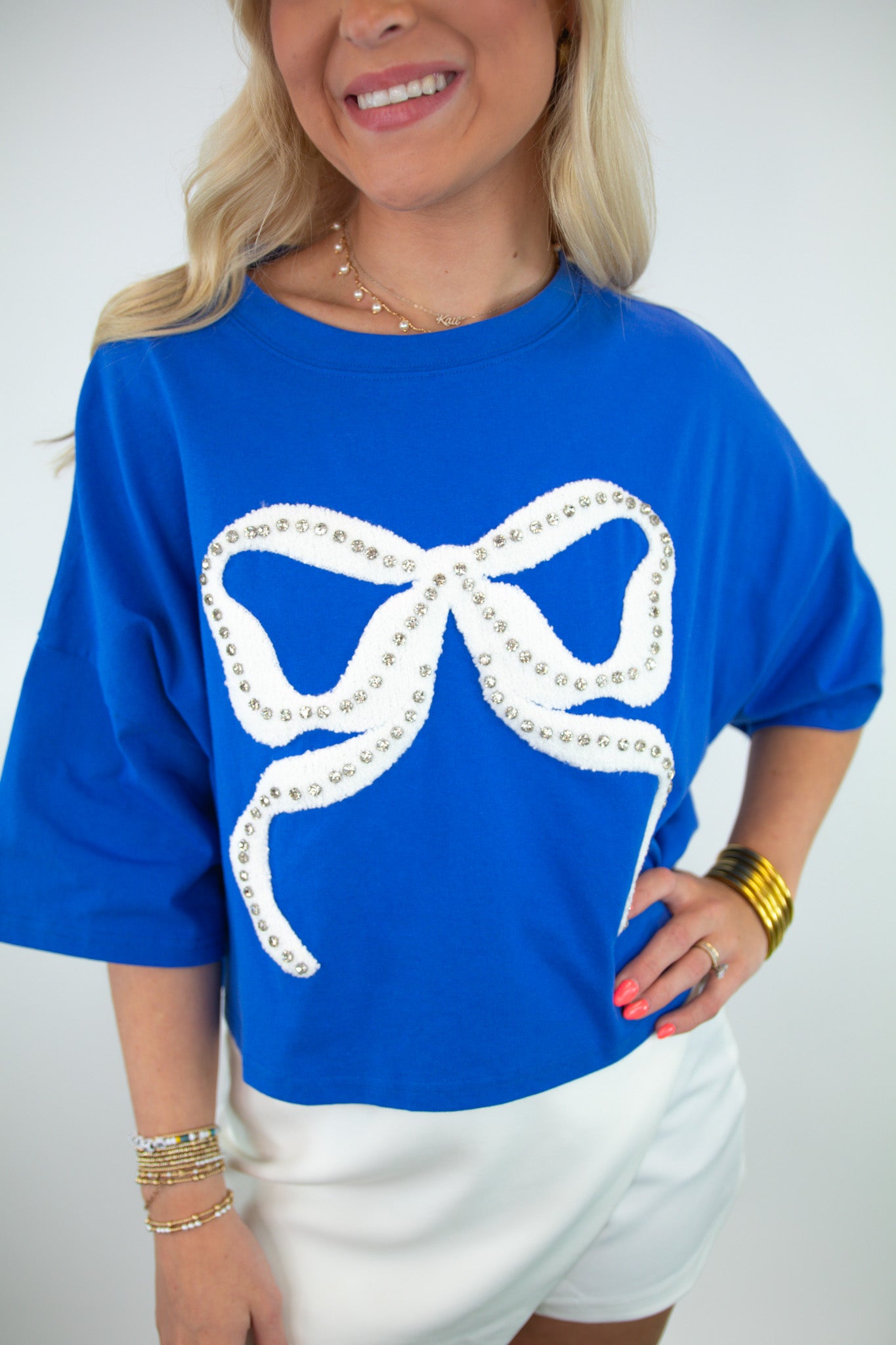 Rhinestone Studded Bow Cropped Tee