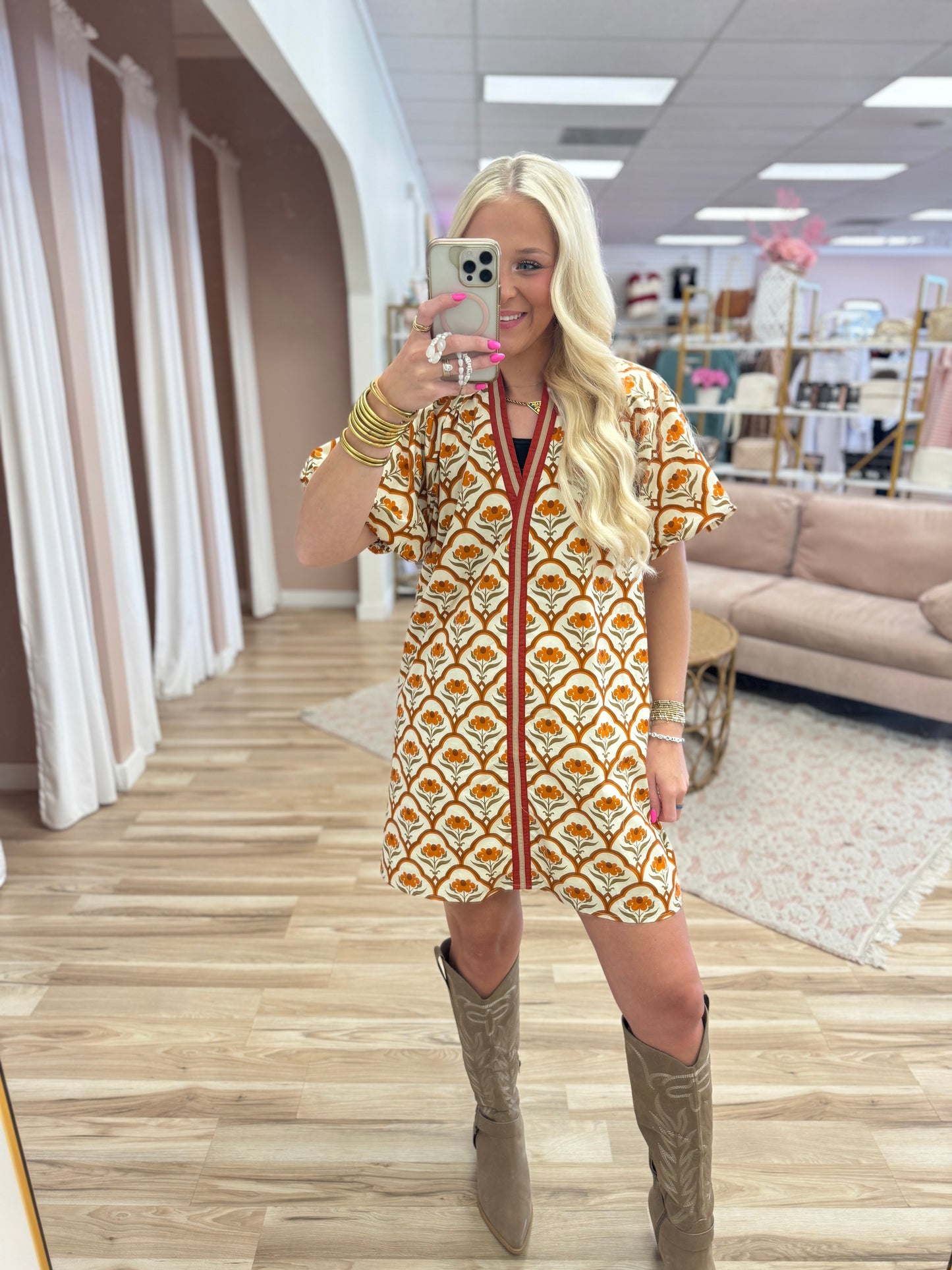 Floral Orange & Cream Fall Dress