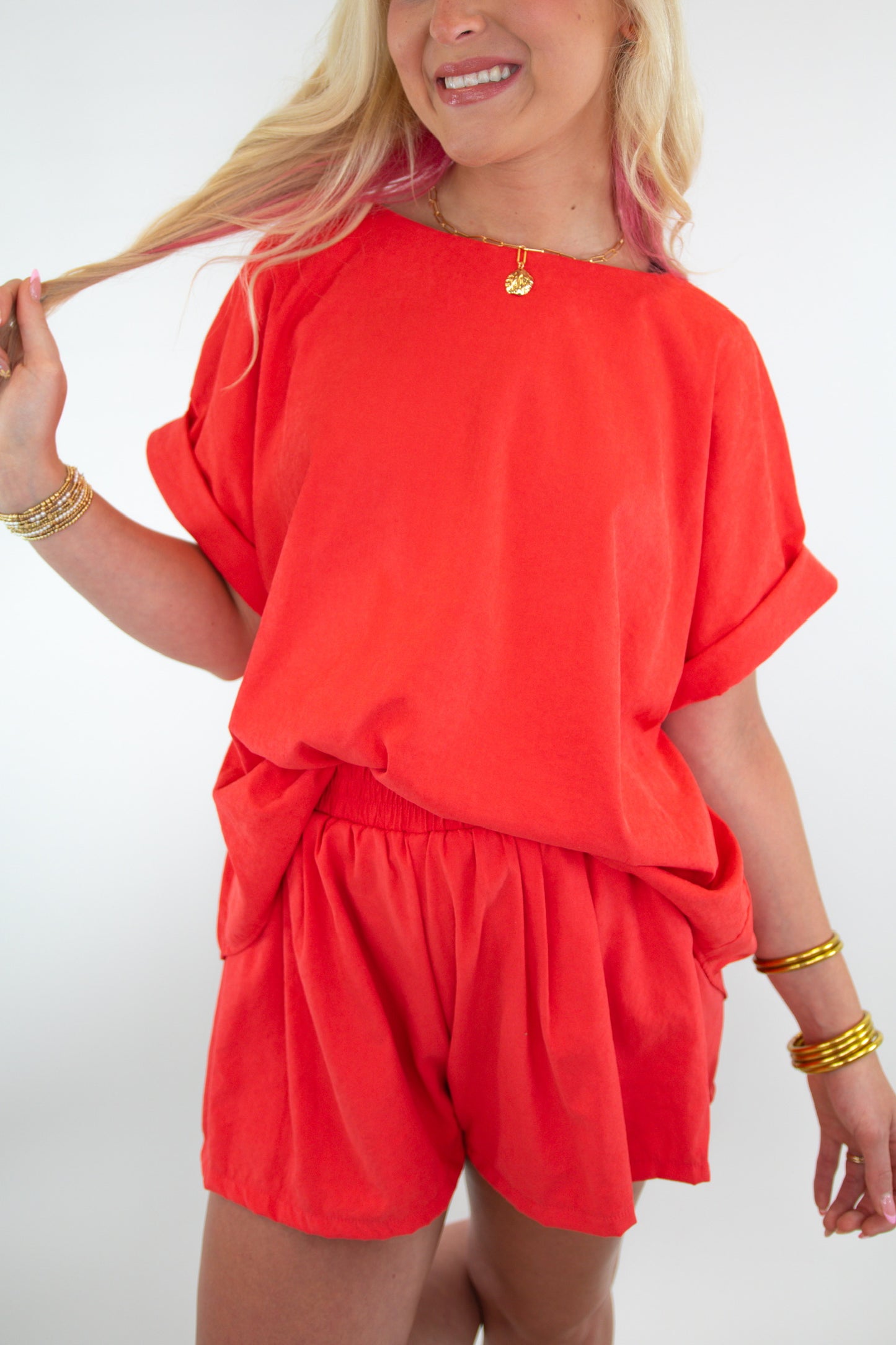 Coral Oversized Top & Belted Shorts Set
