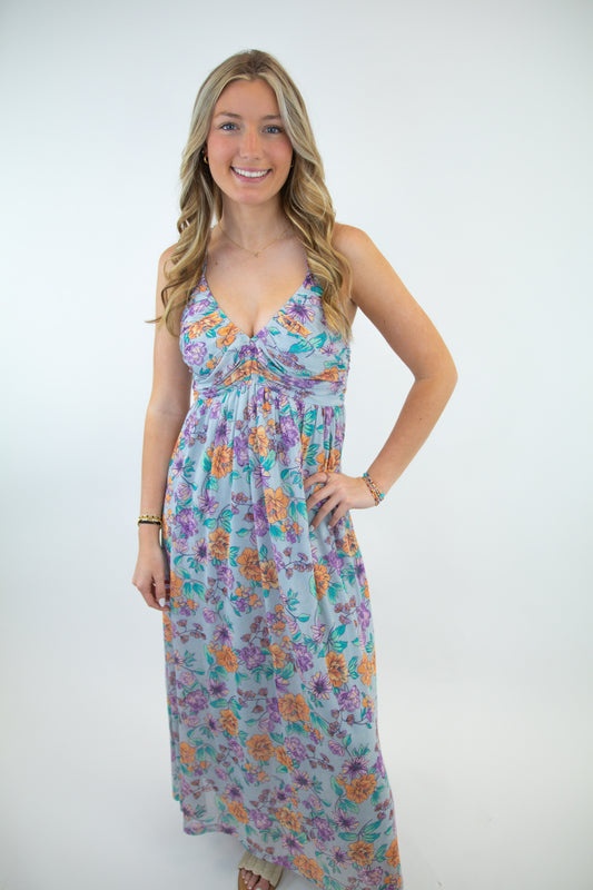 Blue Hawaiian Floral Tiered Maxi