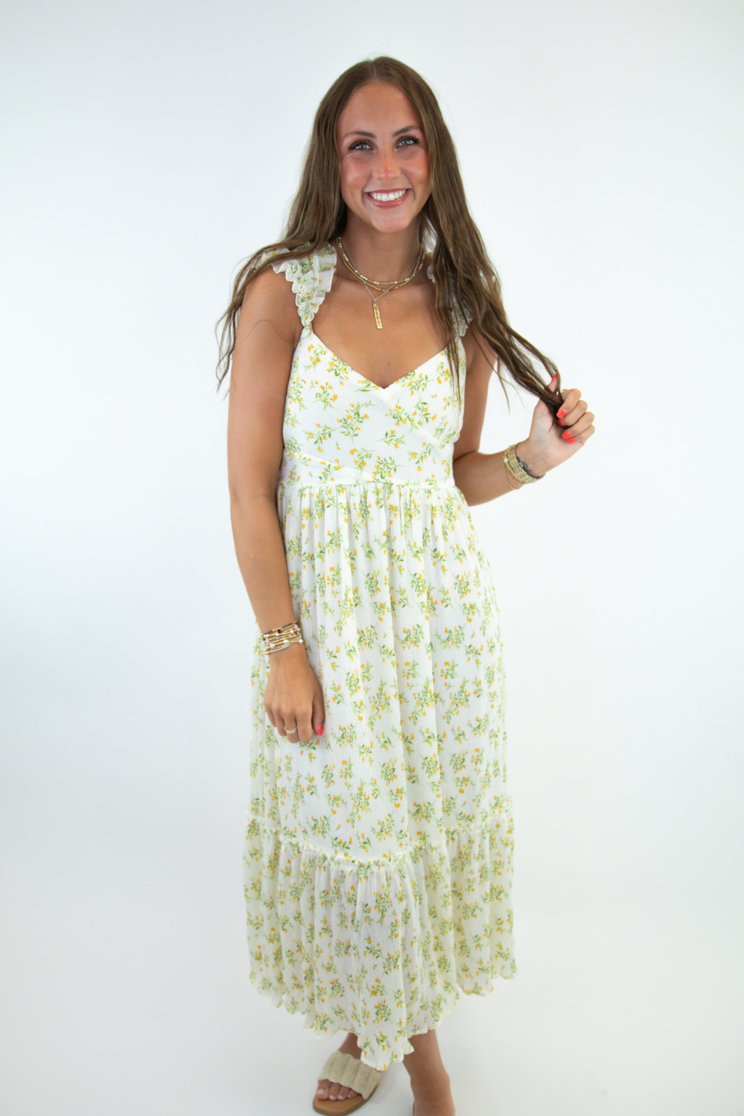 Ivory Spring Florals Ruffle Detail Dress