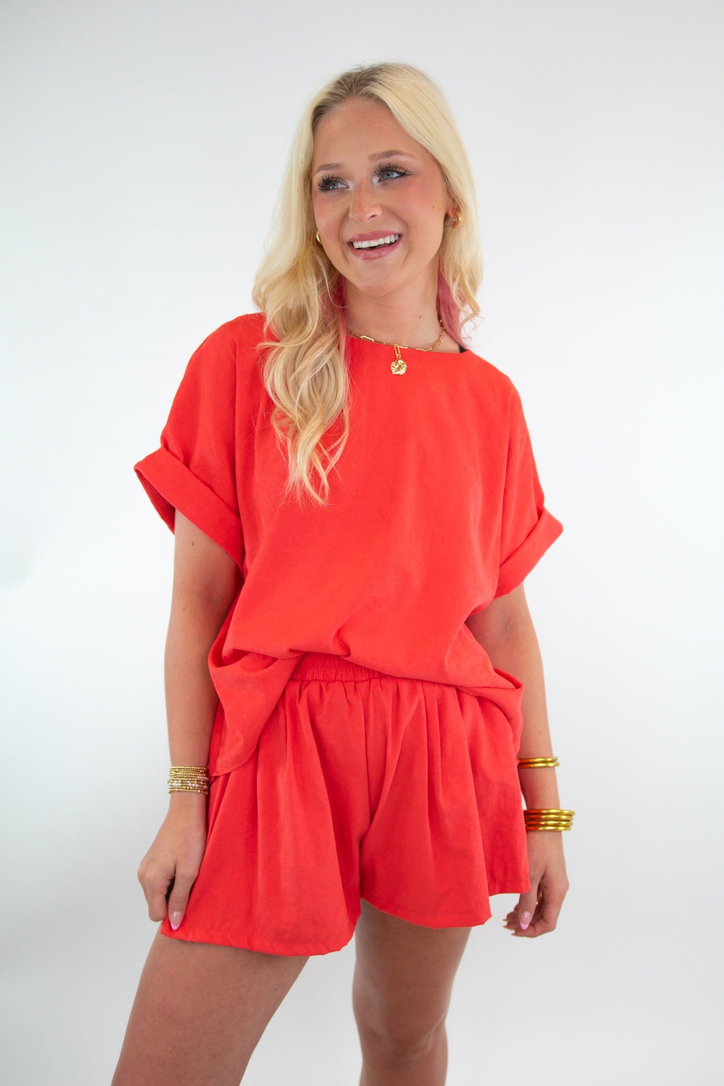 Coral Oversized Top & Belted Shorts Set