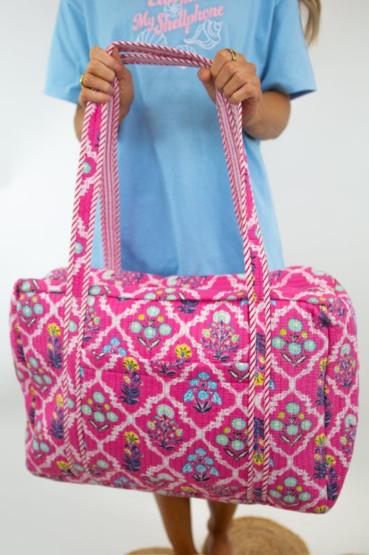 Pink Floral Quilted Duffle Bag