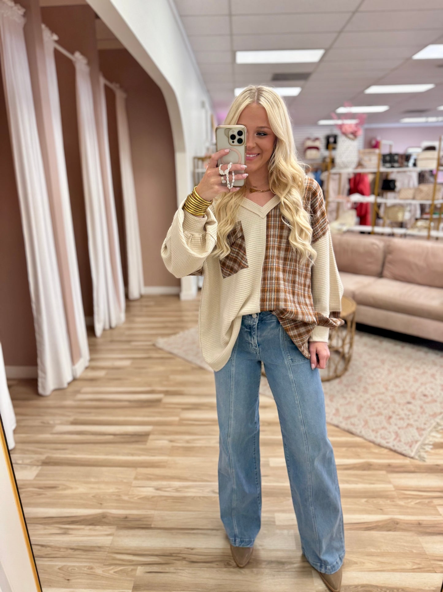 Waffle Knit Plaid Mix Top