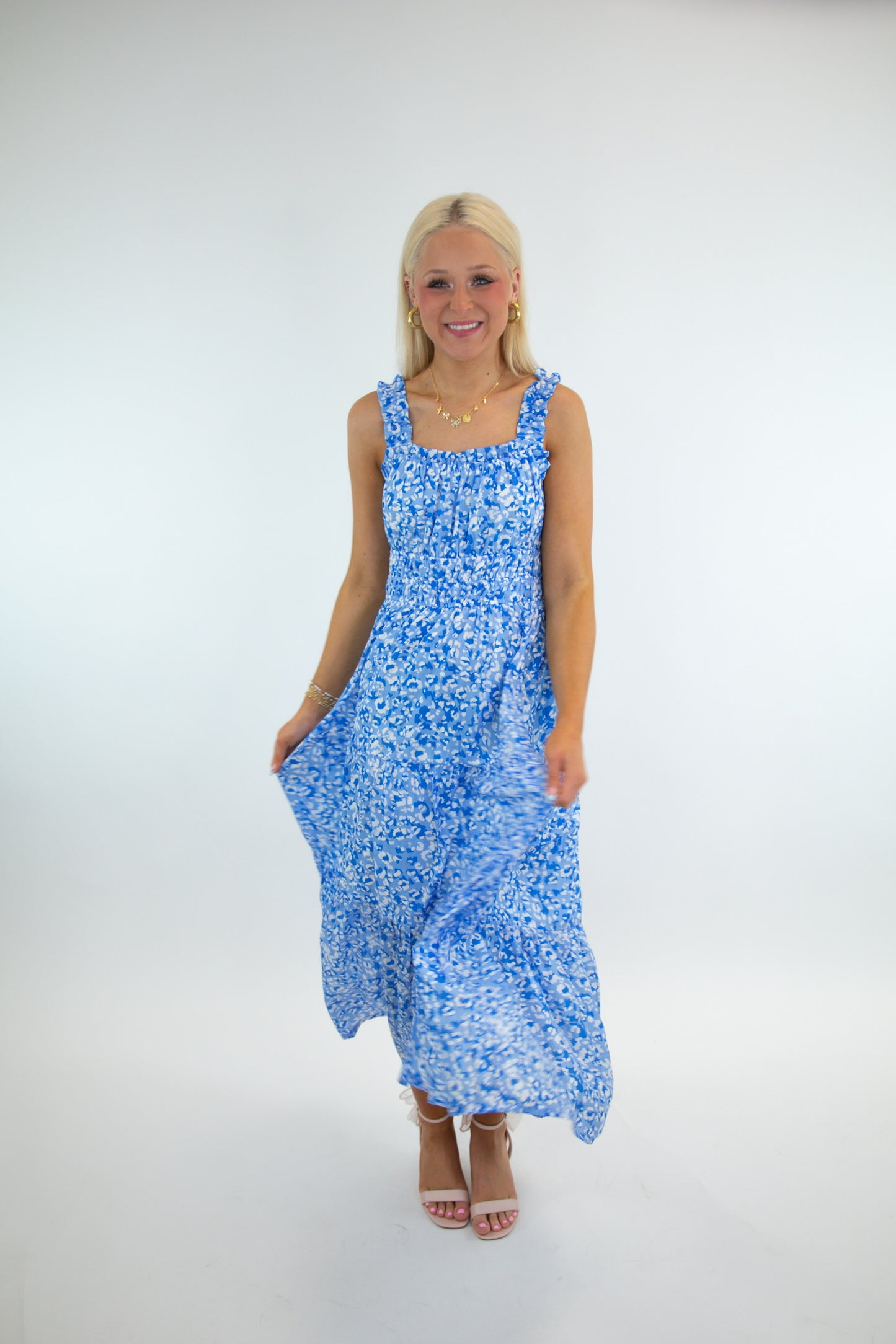 Blue Print Ruffled Midi Dress