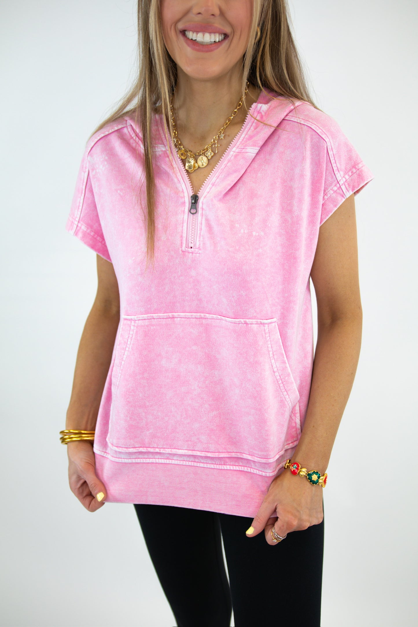 Pink Short Sleeve Half Zip Top