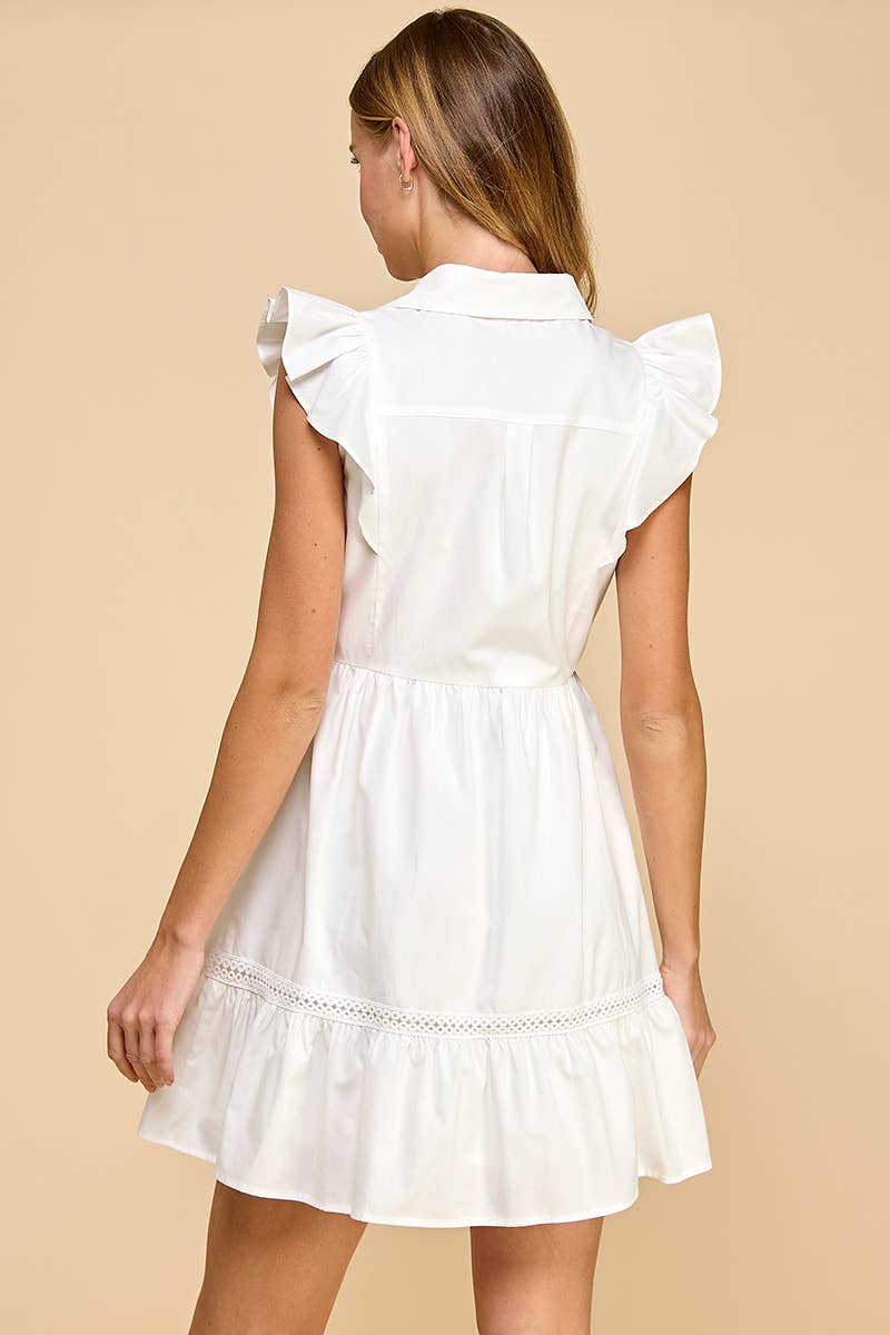 Fit and Flare Button Up Ruffled Sleeves Dress