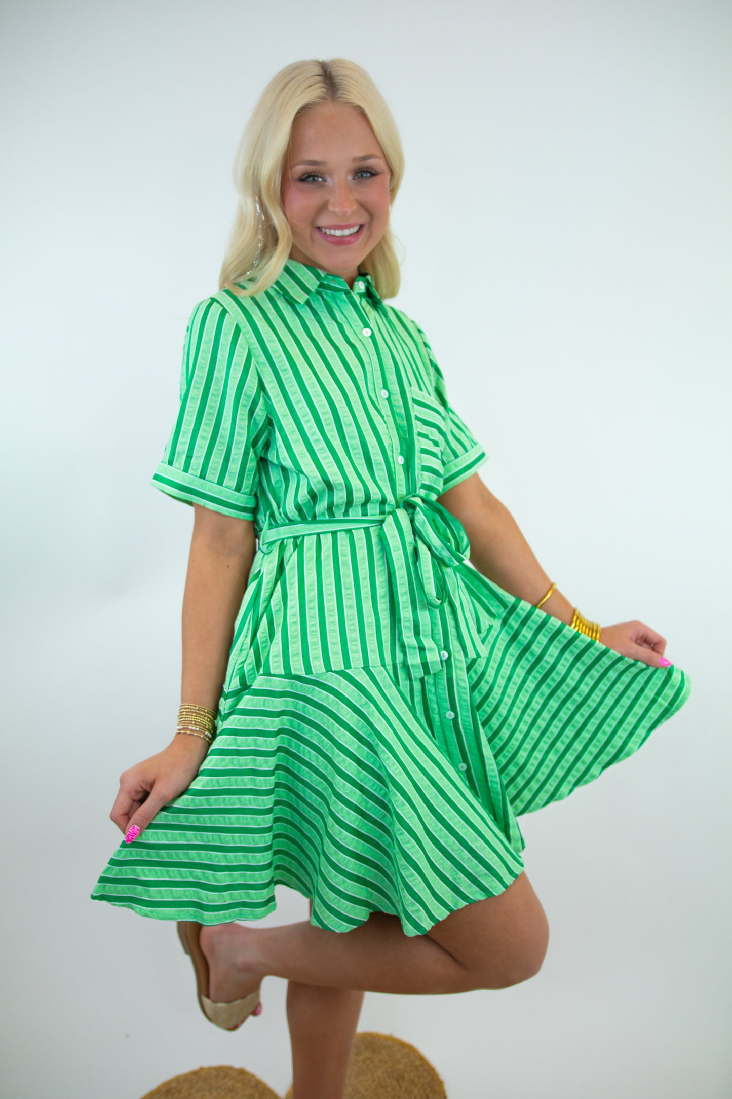 Kelly Green Striped Collared Button Up Dress