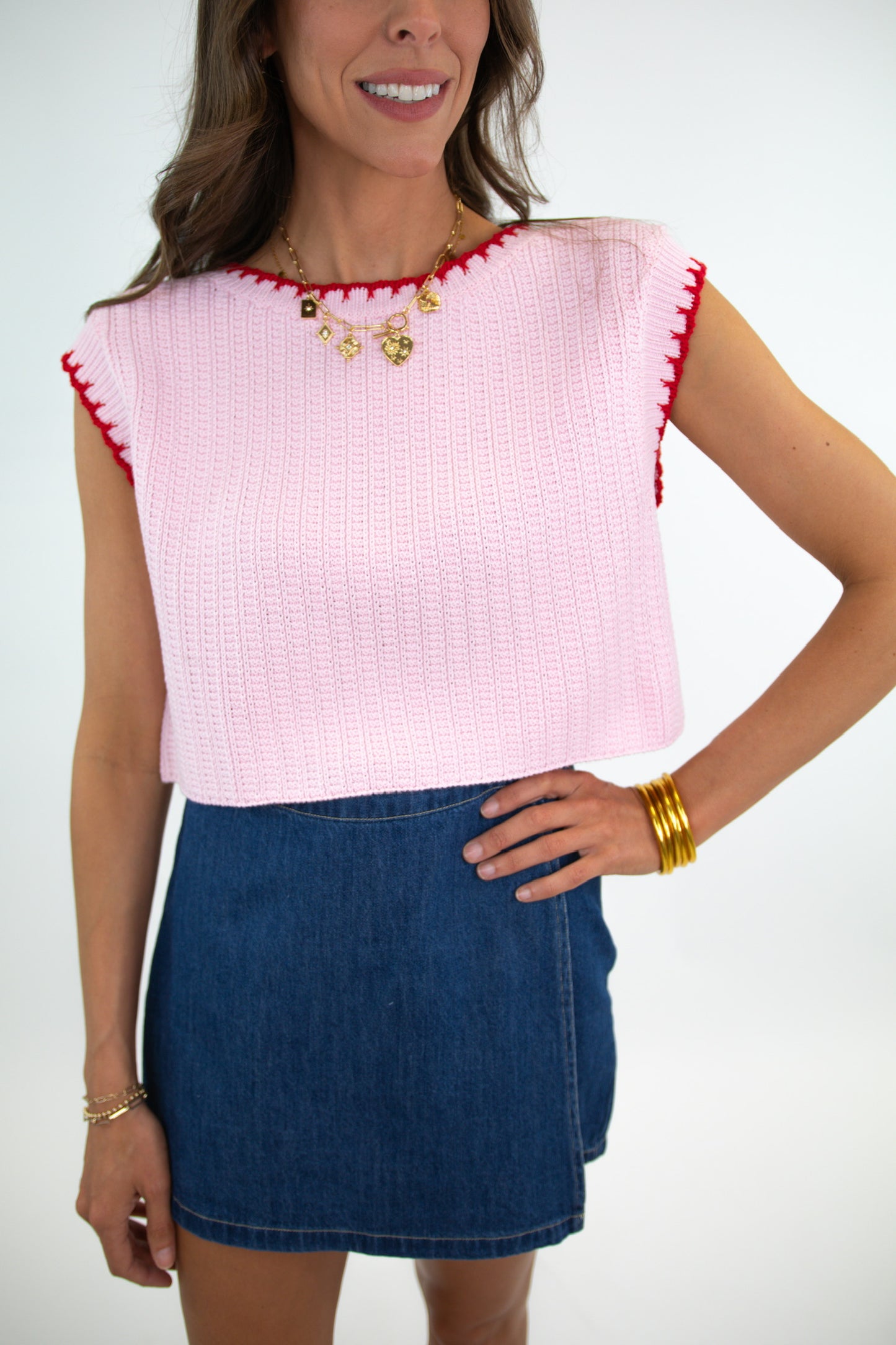 Pink & Red Knit Detail Cropped Sweater