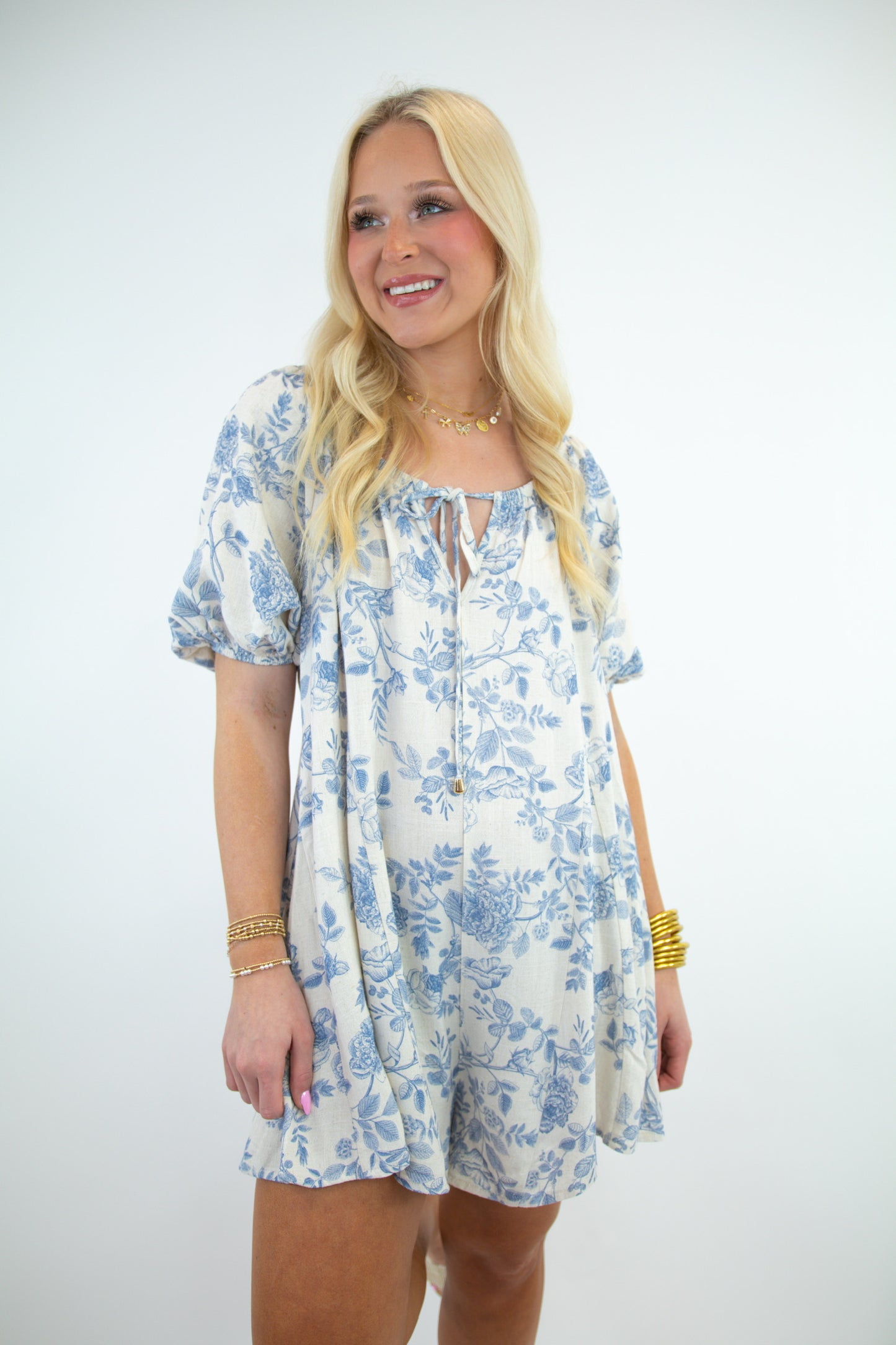 Blue Floral Linen Flowy Romper
