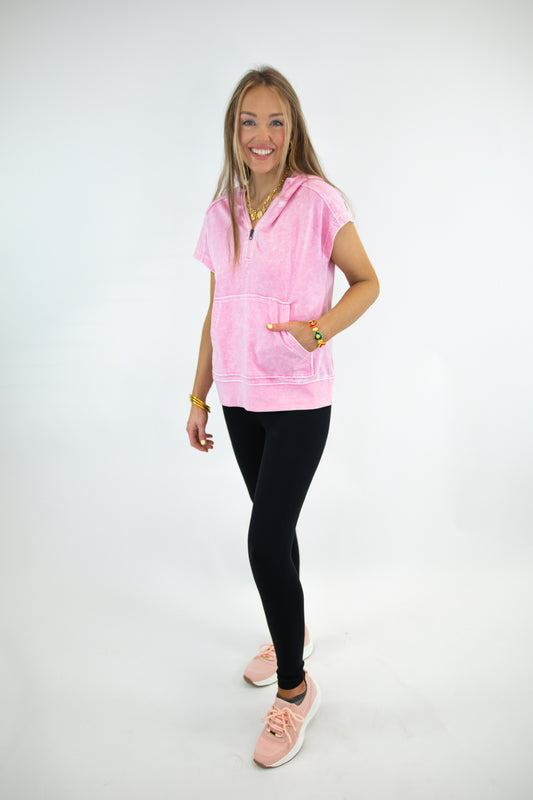 Pink Short Sleeve Half Zip Top