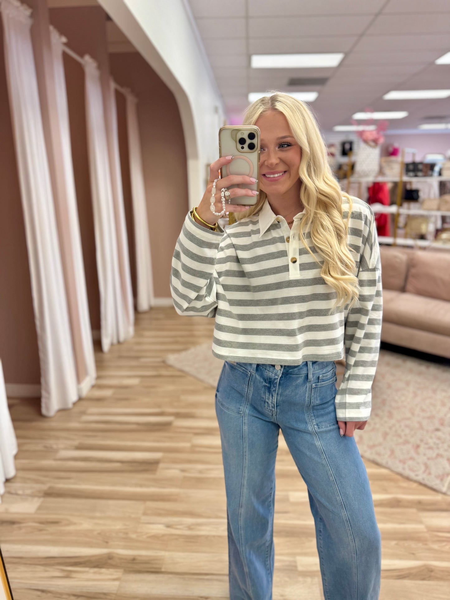 Heather Grey Striped Cropped Top