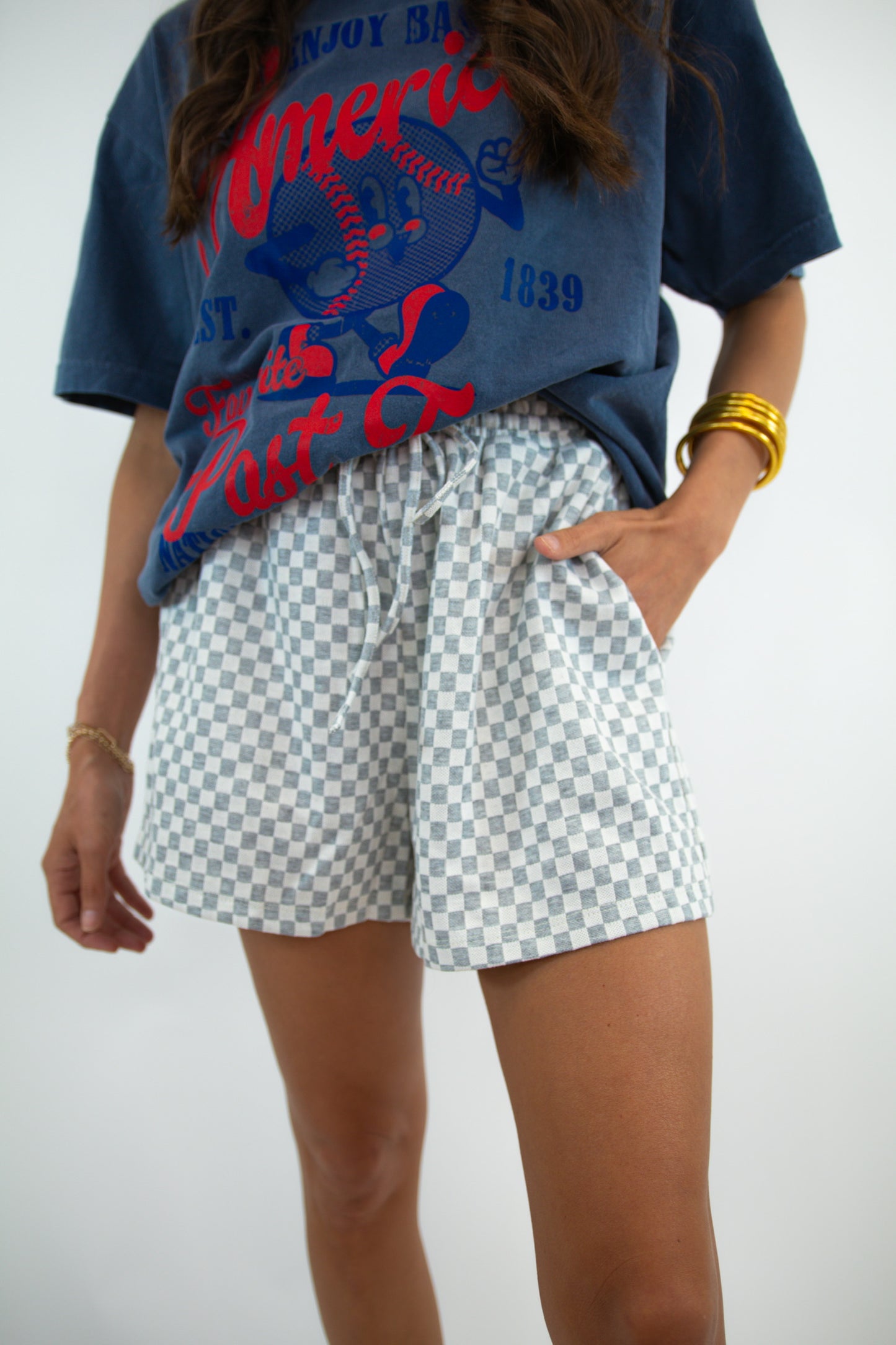 Grey Checkerboard Knit Shorts