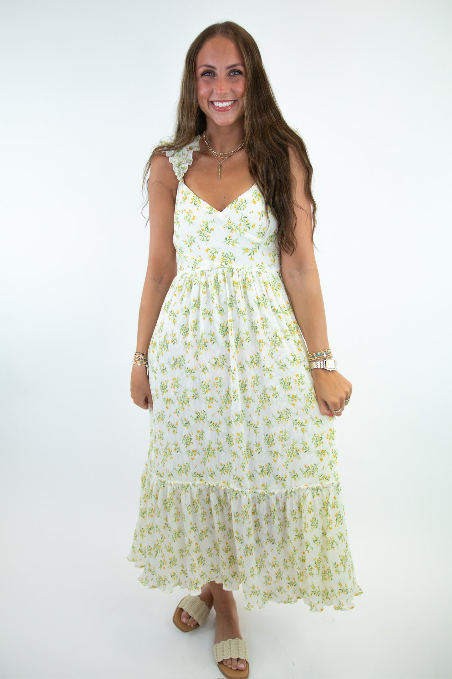 Ivory Spring Florals Ruffle Detail Dress