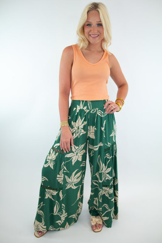 Lace Detail Tropical Wide Leg Pants