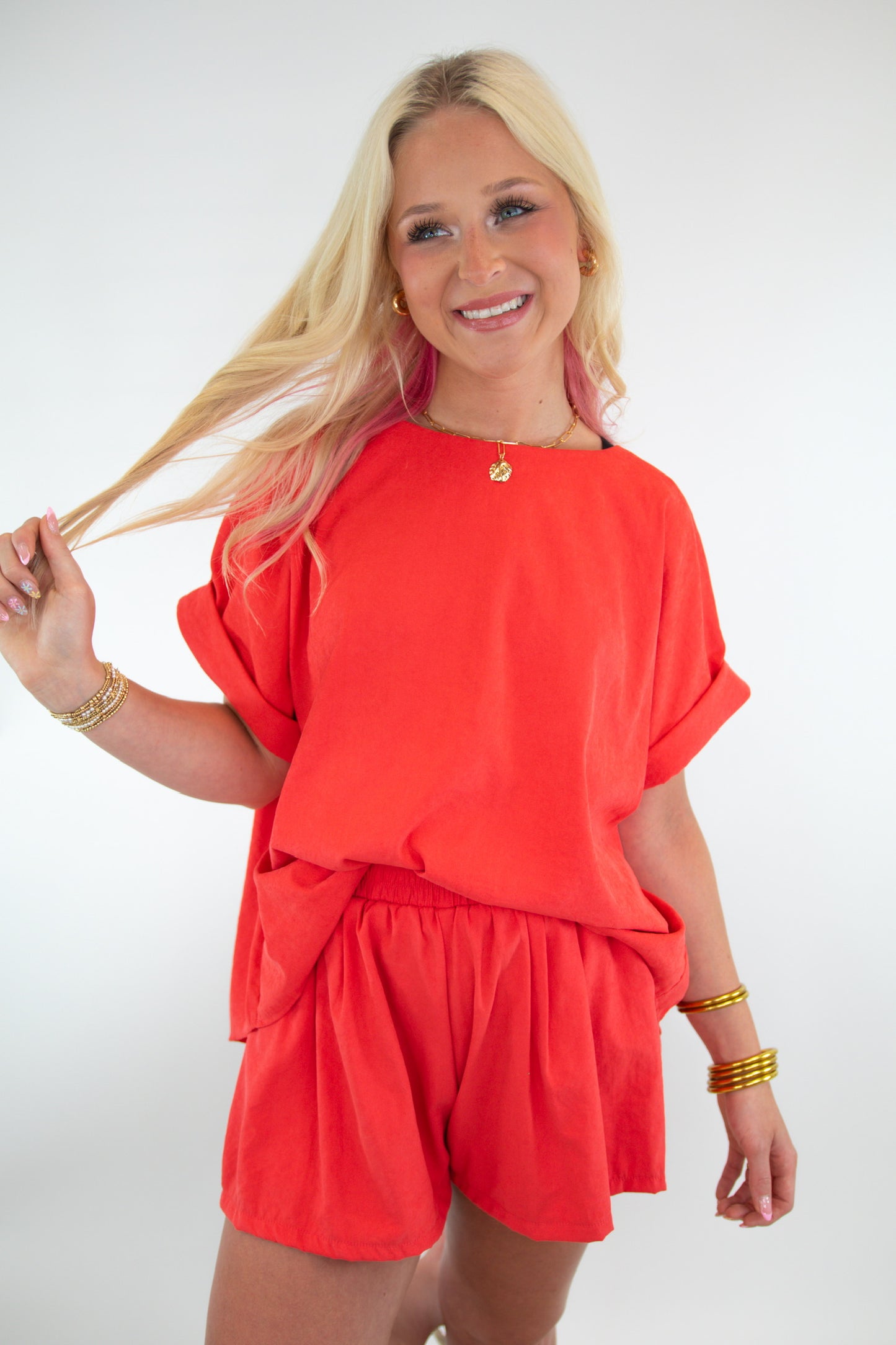 Coral Oversized Top & Belted Shorts Set