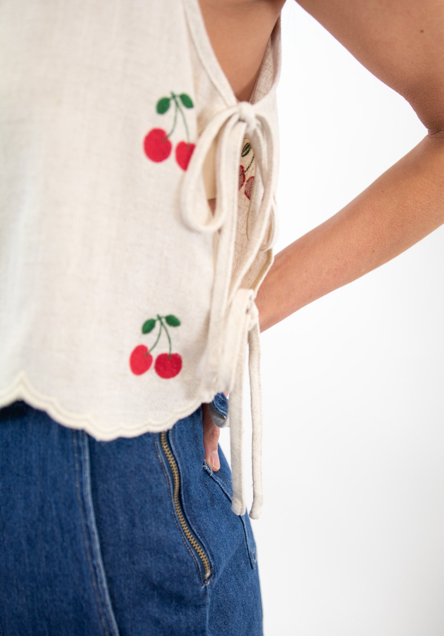 Cherry Embroidered Scalloped Tank