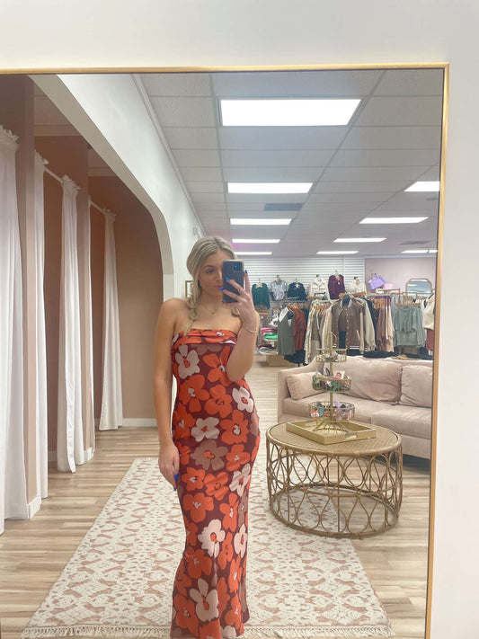Satin Terra Cotta Floral Midi Slip Dress