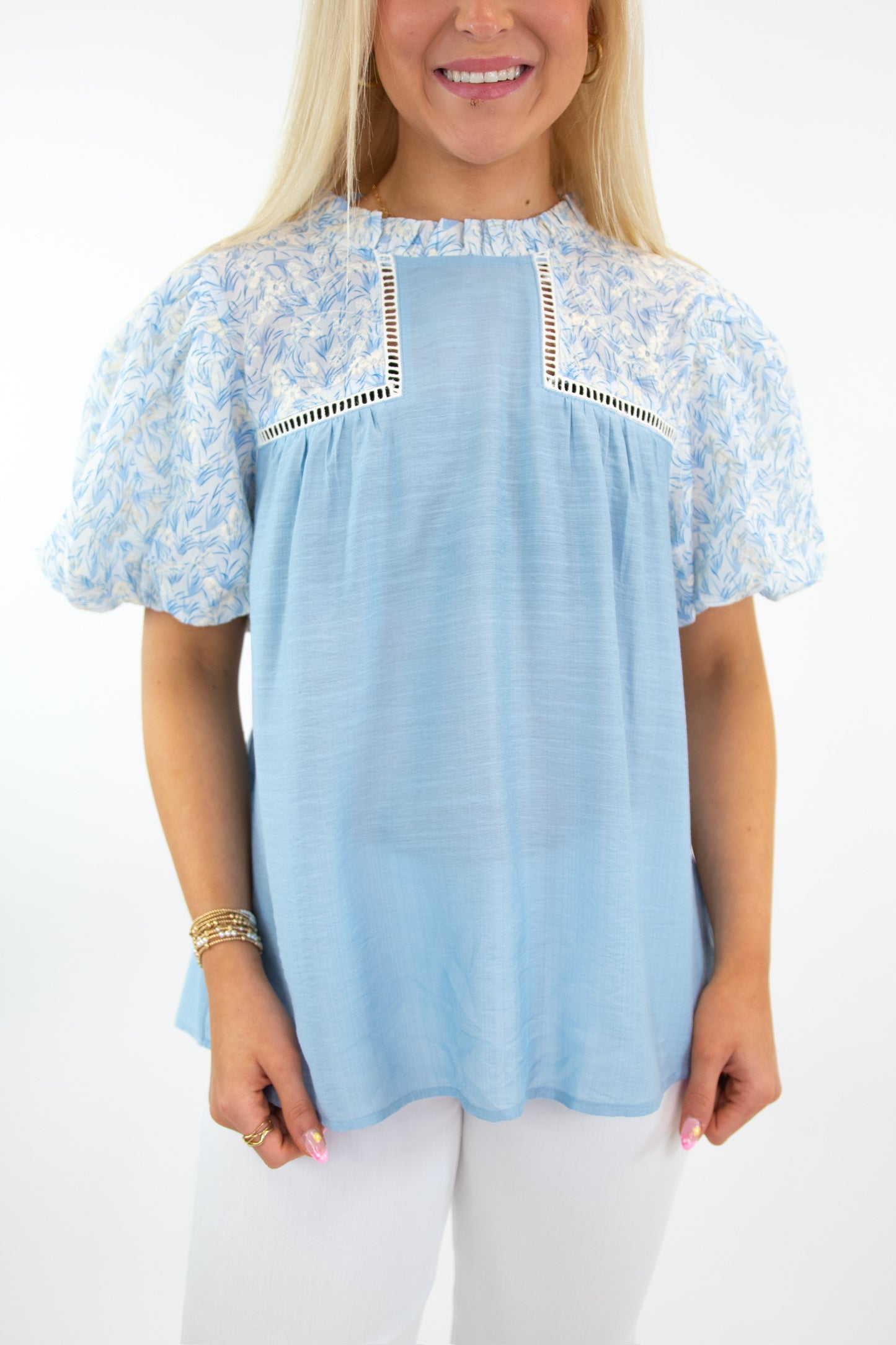 Blue Floral Puff Sleeve Top