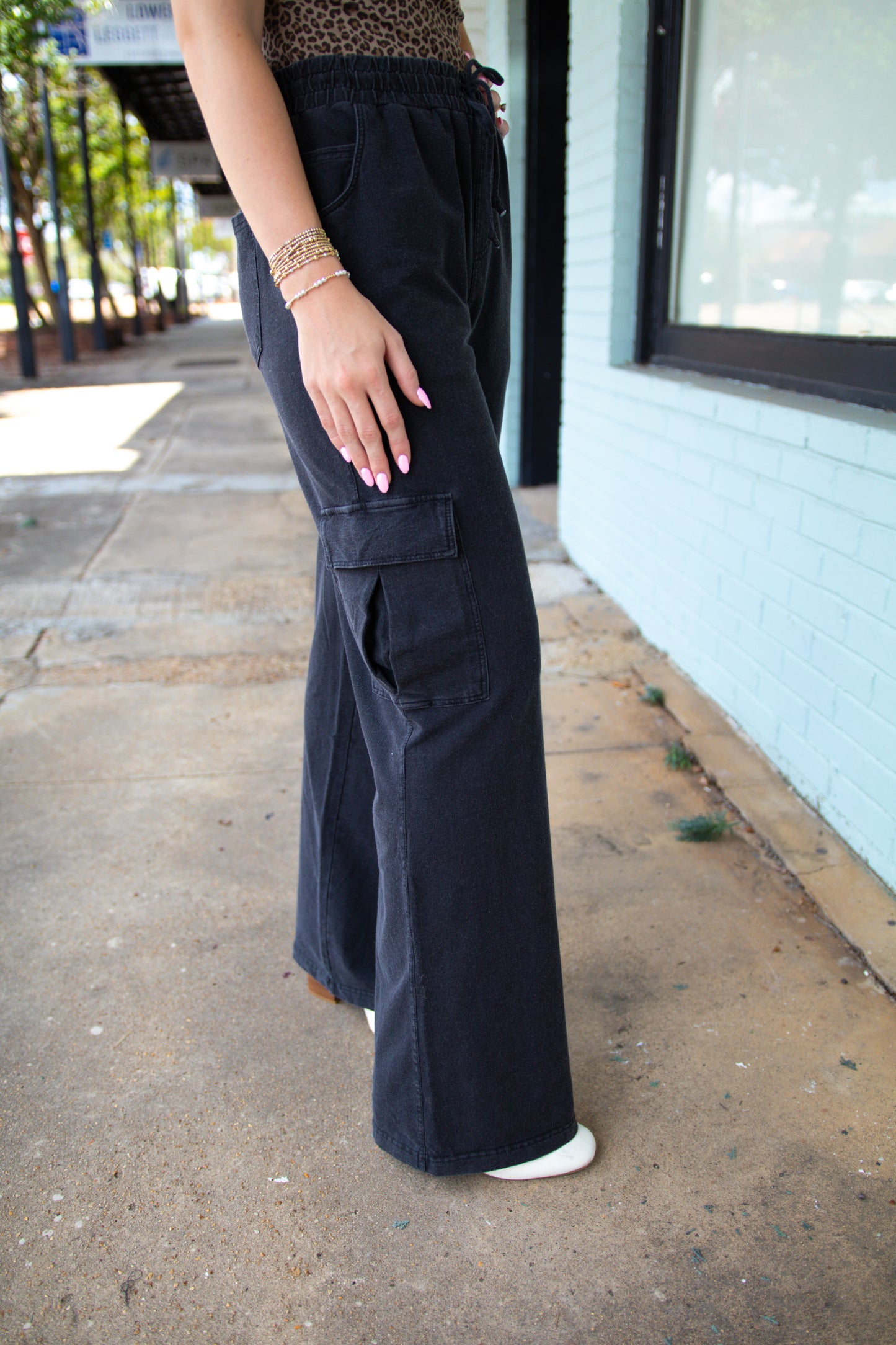 Black Mineral Wash Wide Leg Cargo Pants