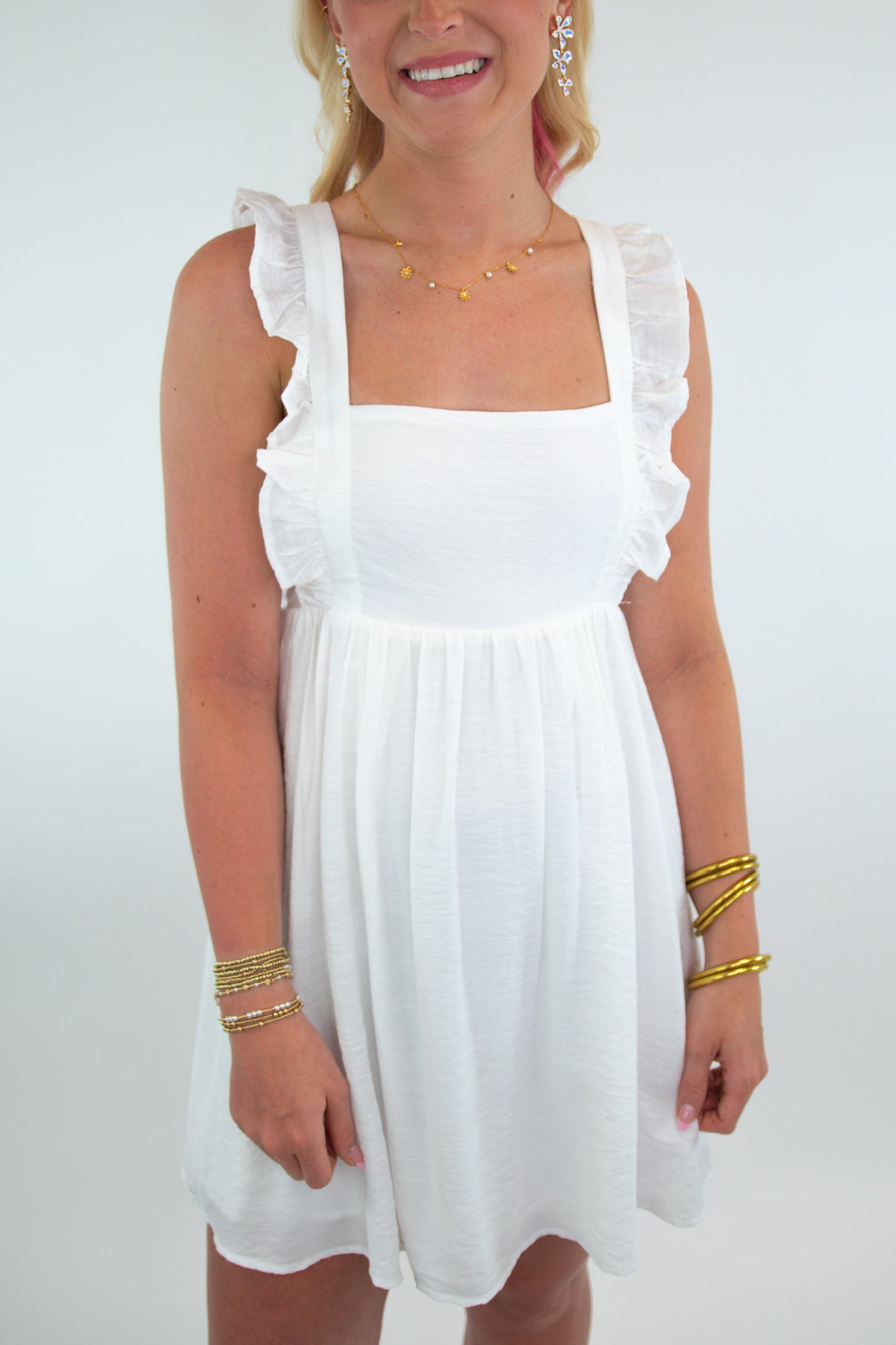 White Ruffle Tie Back Baby Doll Mini Dress