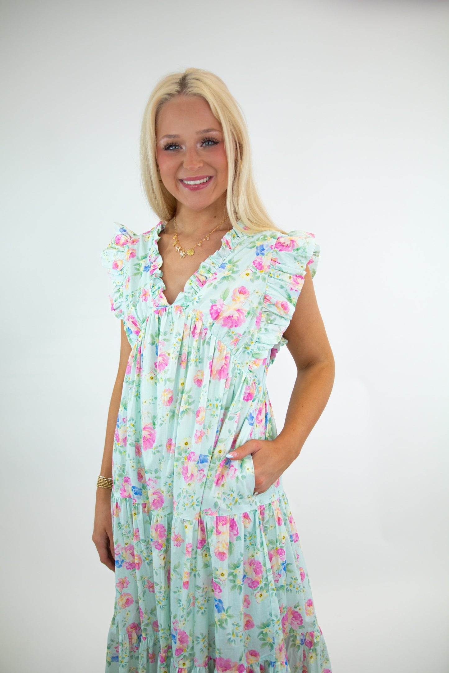 Sky Blue Pink Floral Flutter Sleeve Dress