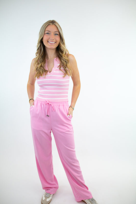 Pink White Stripe Collared Top