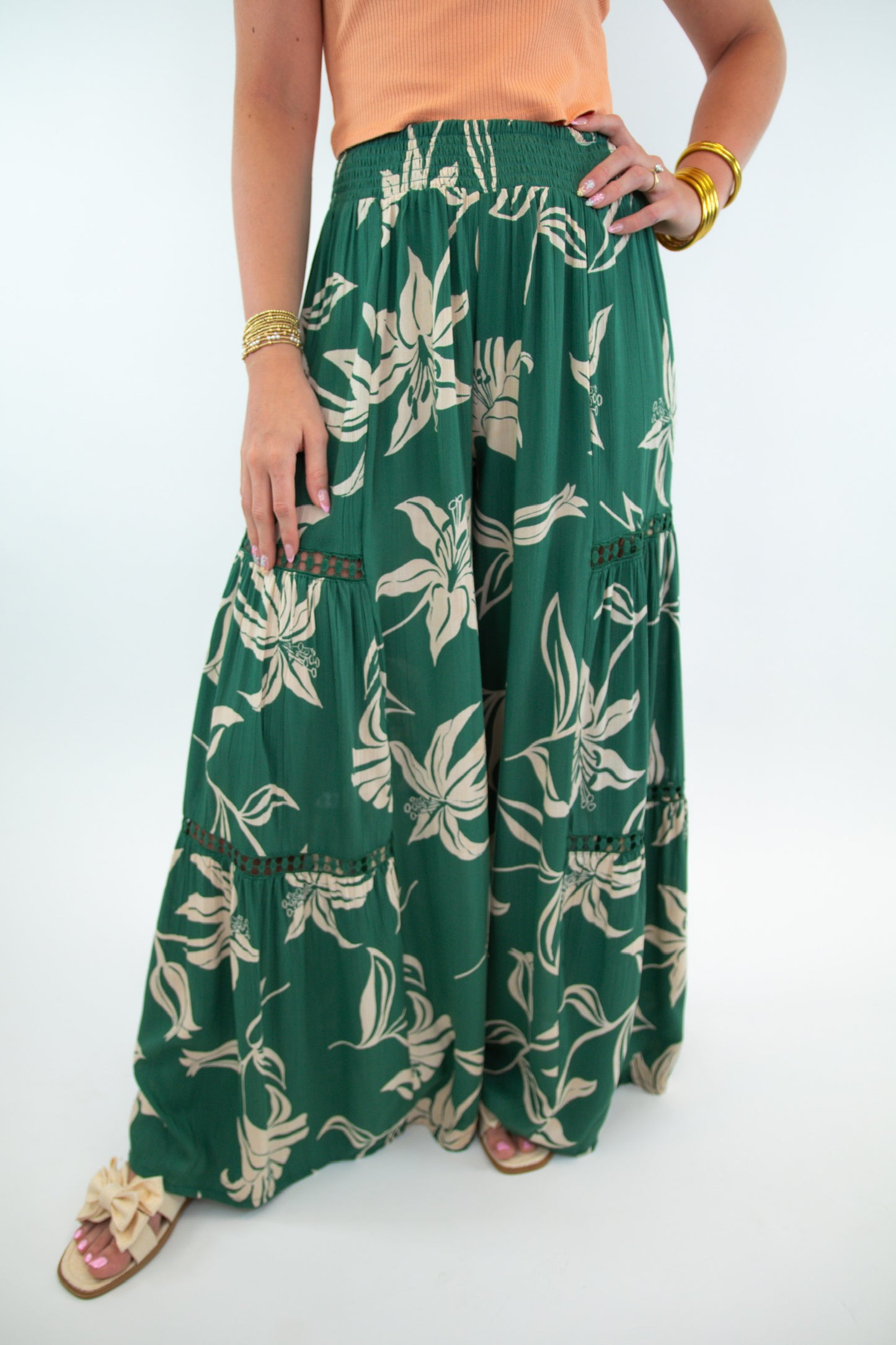 Lace Detail Tropical Wide Leg Pants