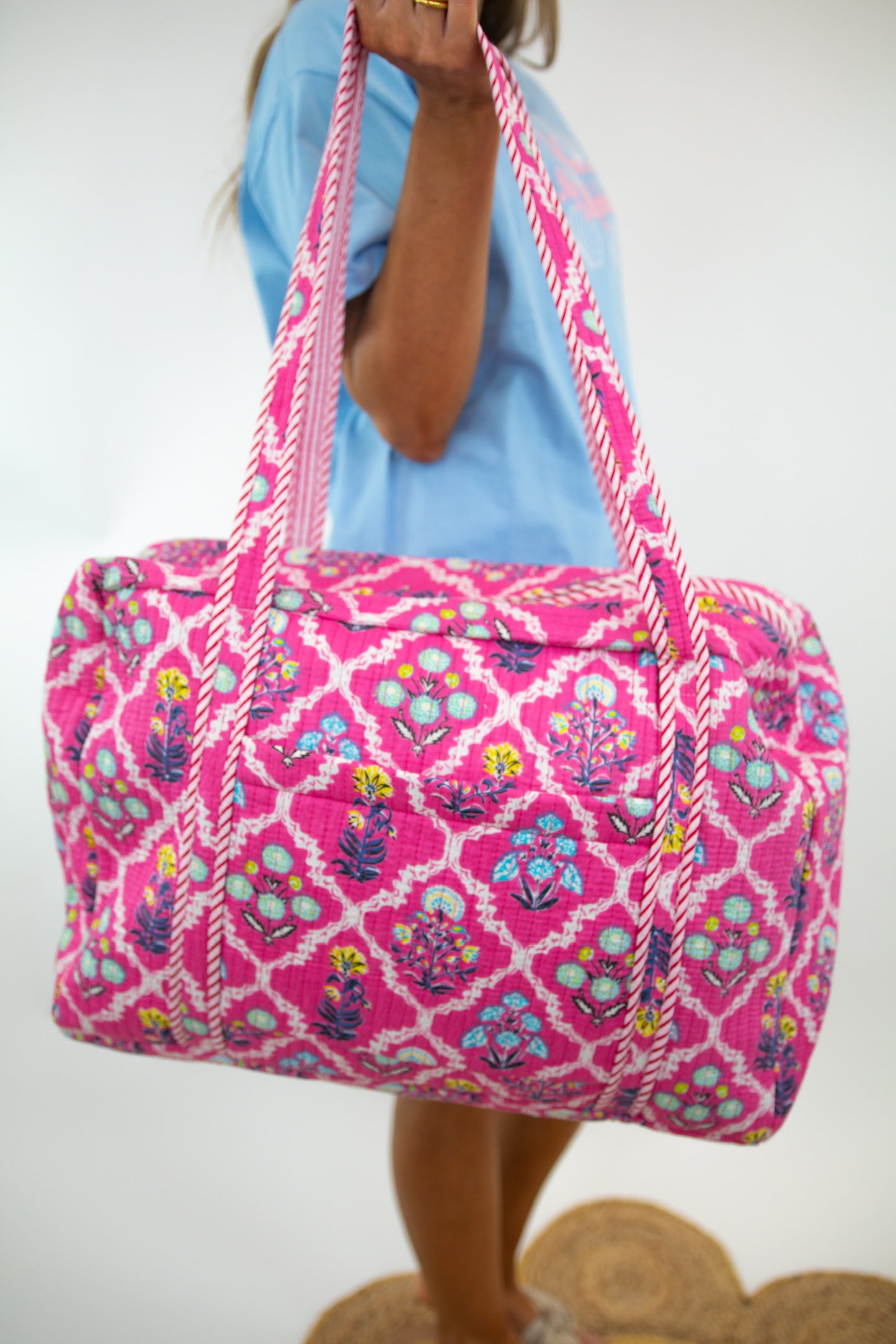 Pink Floral Quilted Duffle Bag