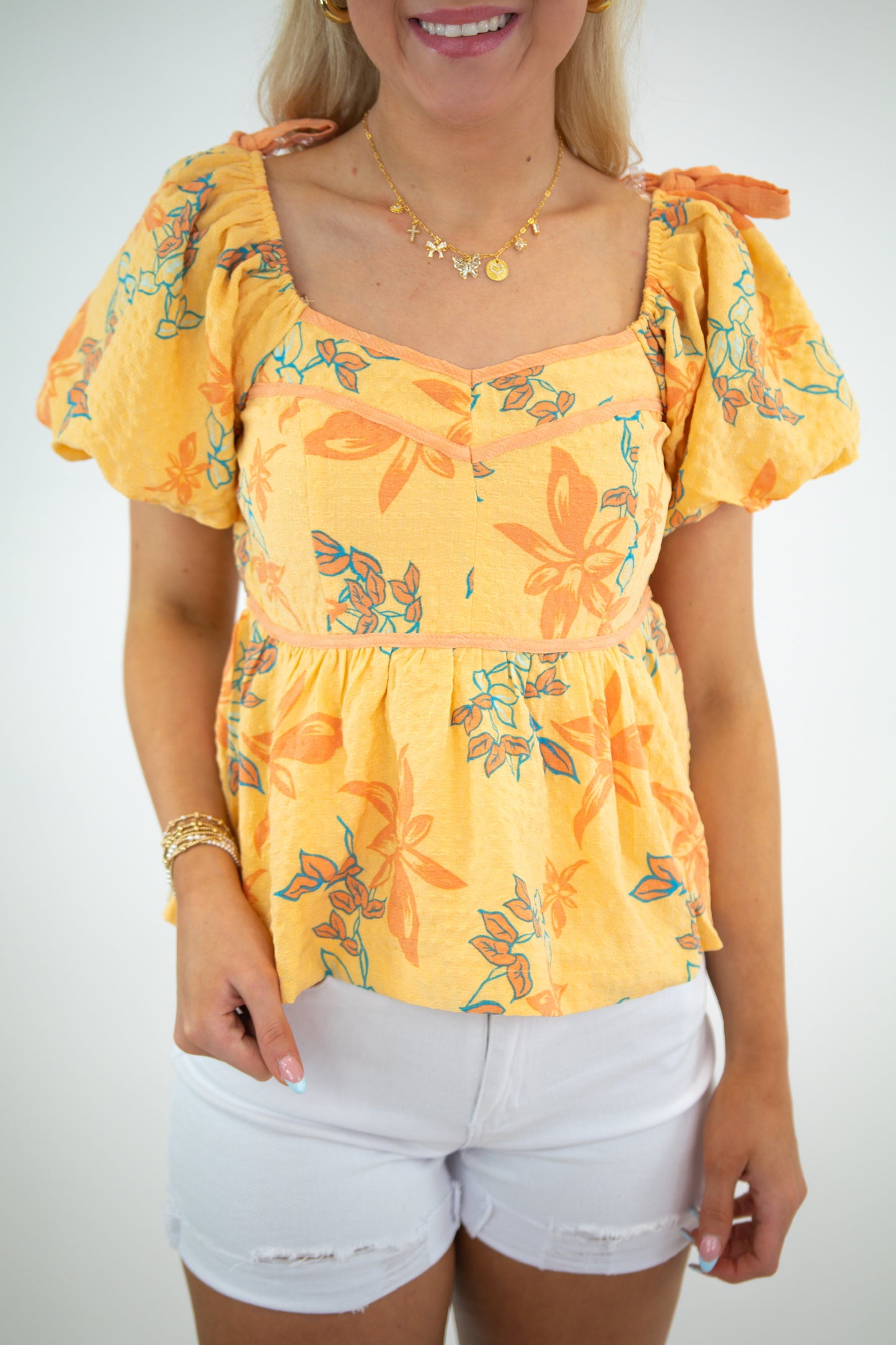 Papaya Floral Puff Sleeve Top