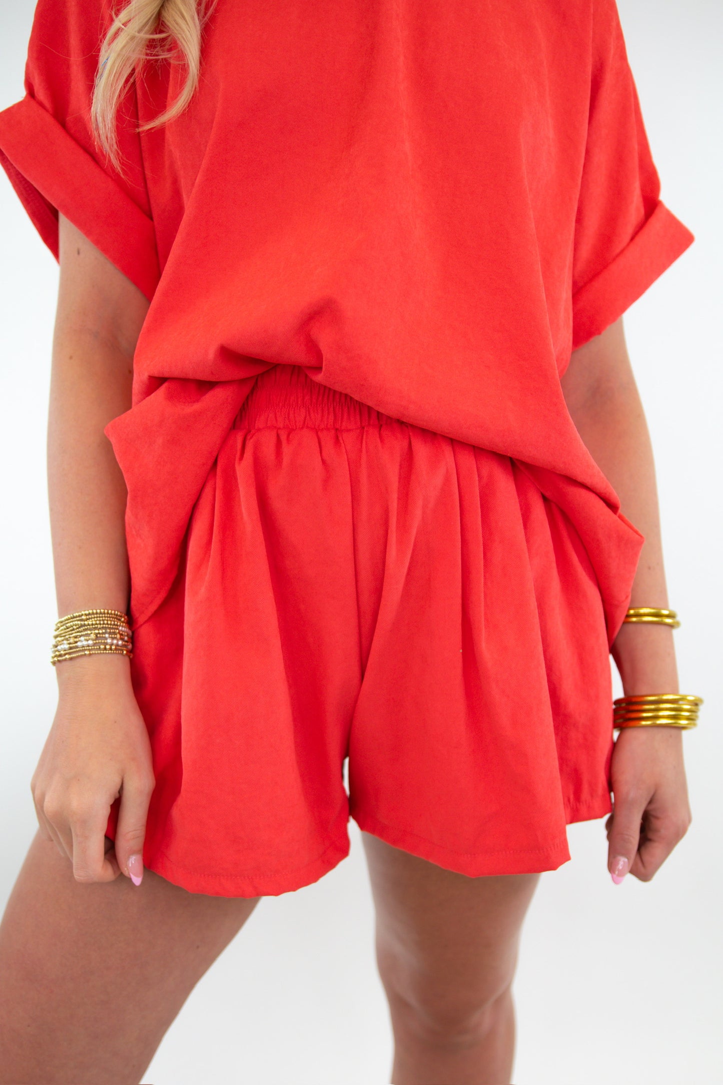 Coral Oversized Top & Belted Shorts Set