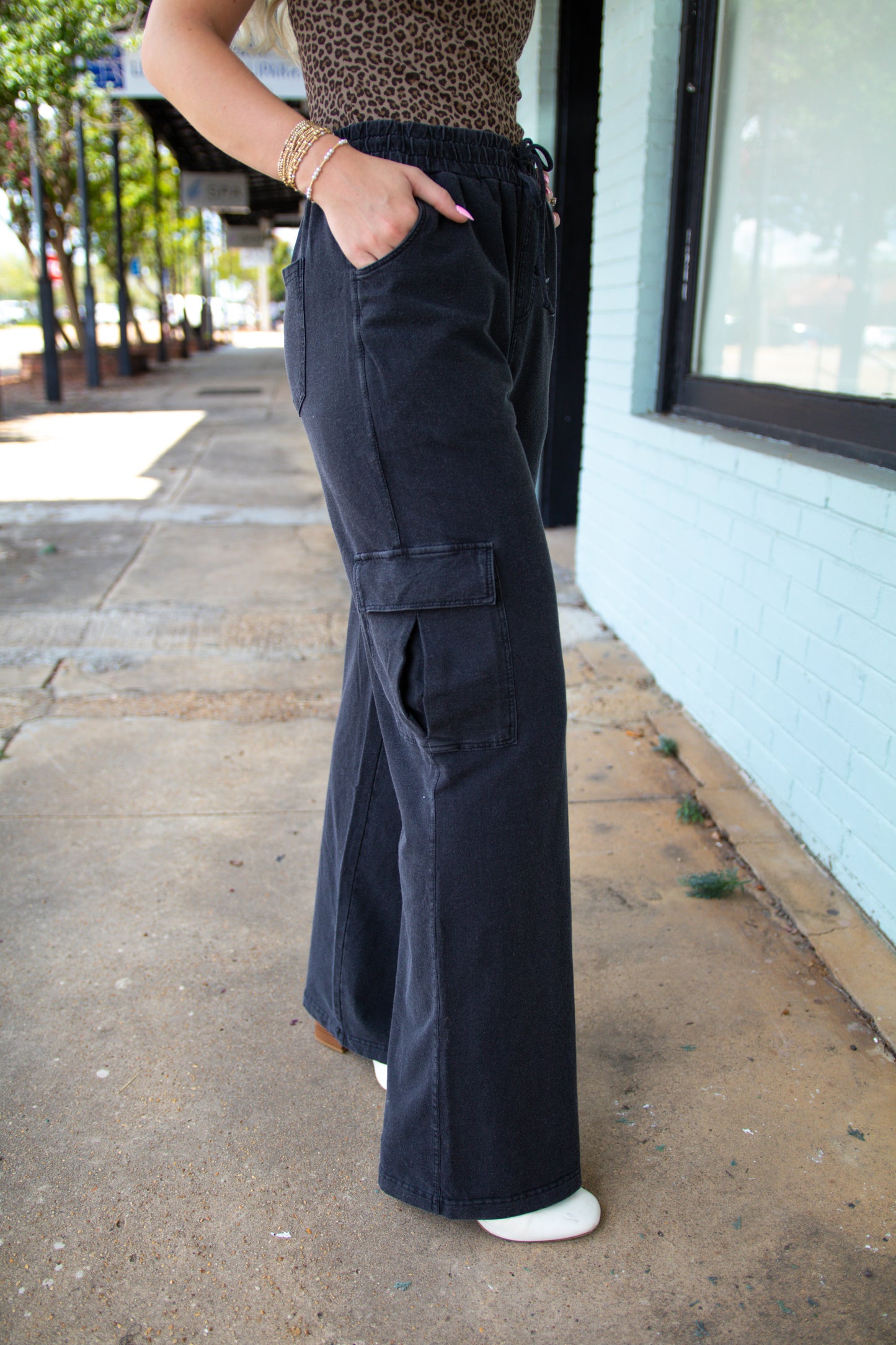 Black Mineral Wash Wide Leg Cargo Pants