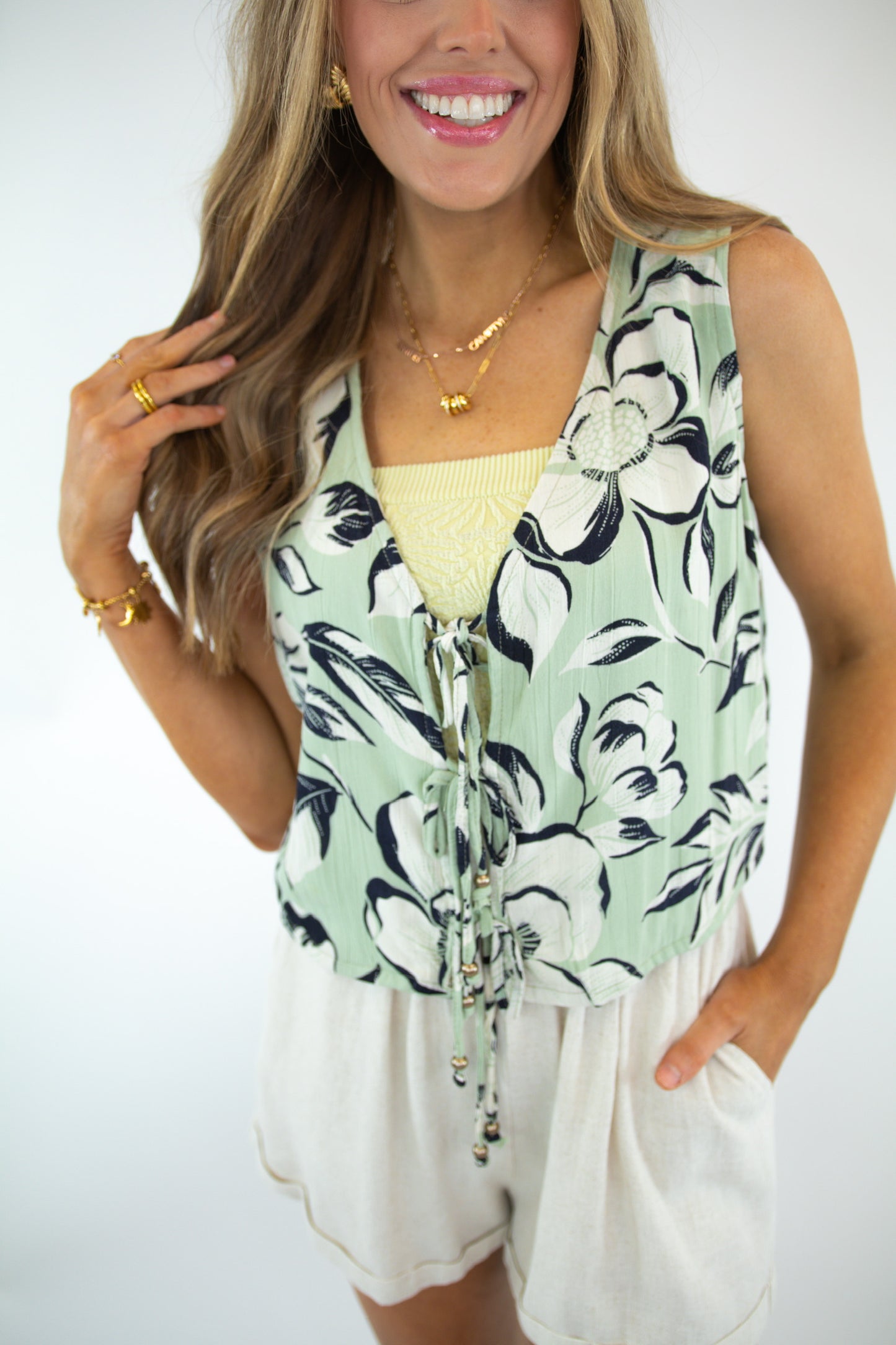 Floral Sage Tie Detail Top