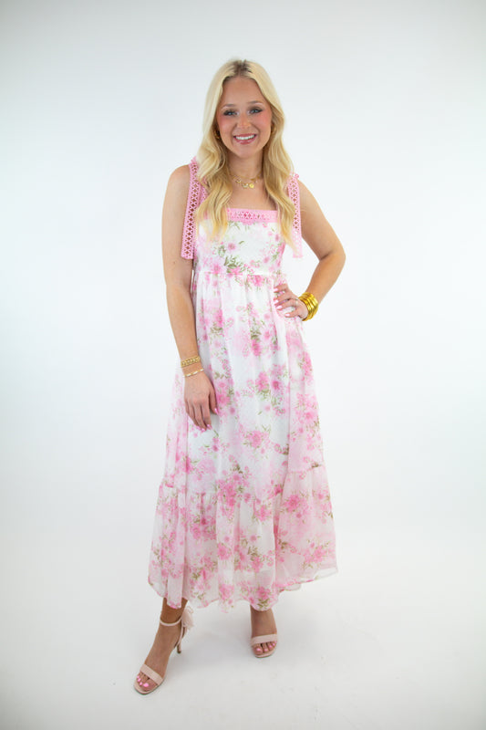 Pink Floral Crochet Lace Strap Maxi Dress