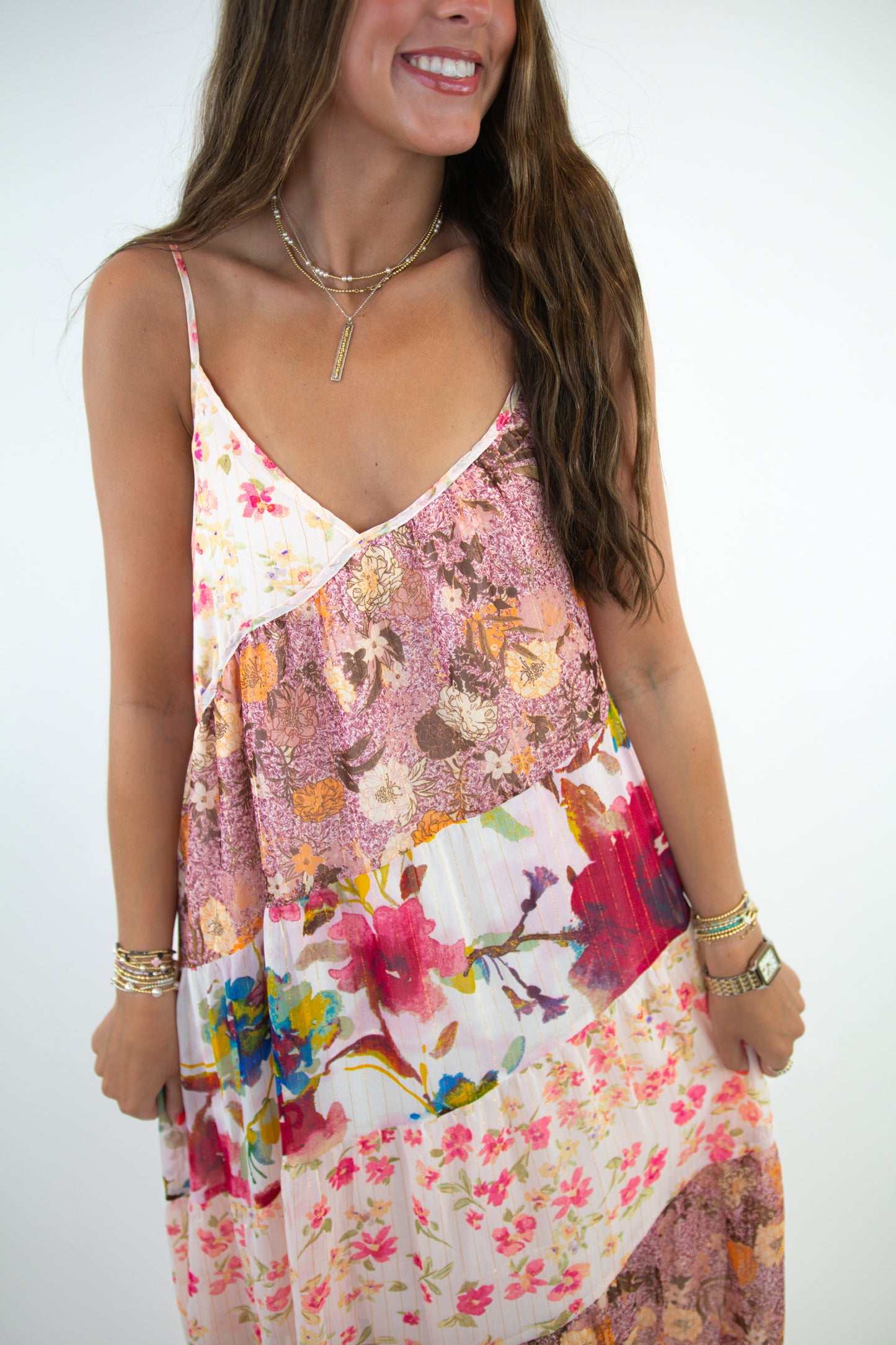 Berry Tiered Mix Print Midi Dress