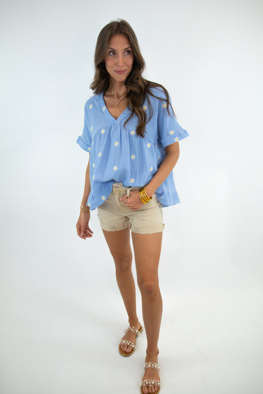Sky Blue Flower Embroidered Top