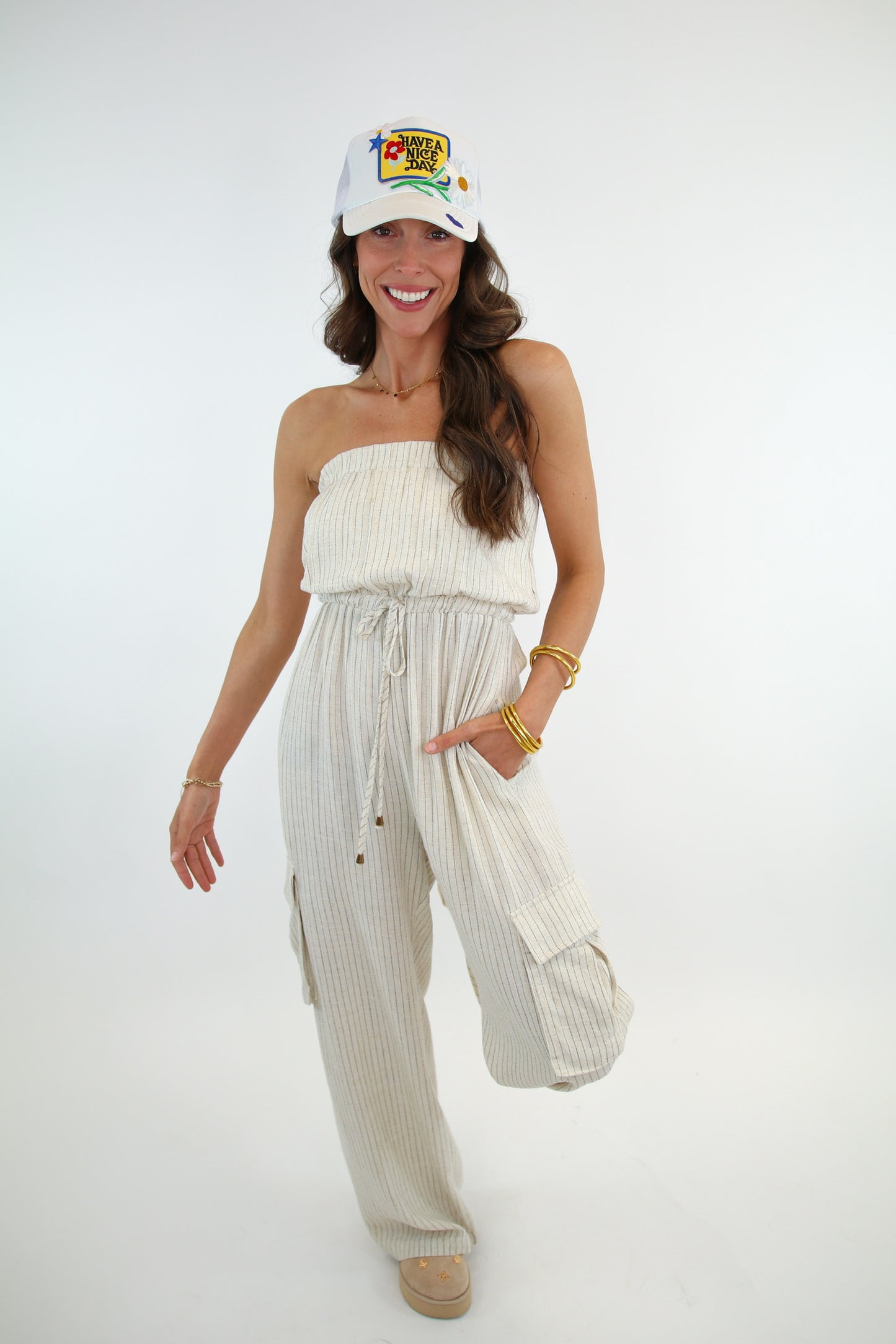 Strapless Pinstripe Linen Jumpsuit