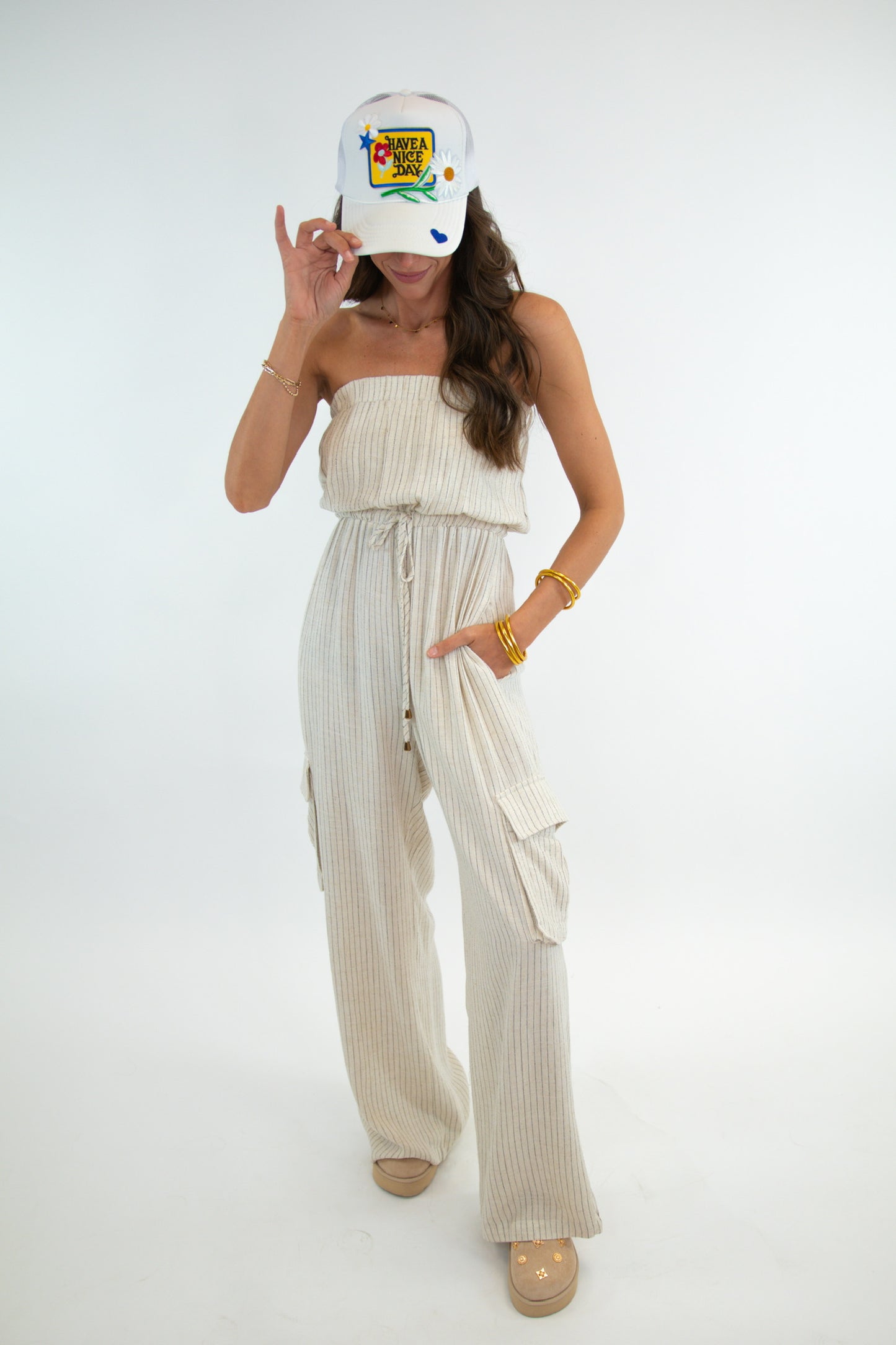 Strapless Pinstripe Linen Jumpsuit