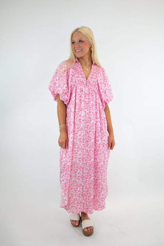 Pink Floral Smocked Maxi Dress