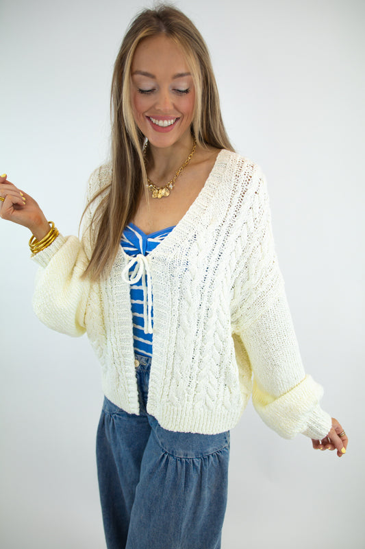 White Tie Front Cable Knit Cardigan