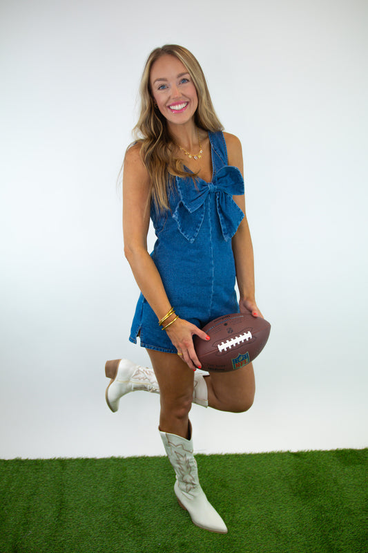 Sleeveless V-Neck Ribbon Denim Romper