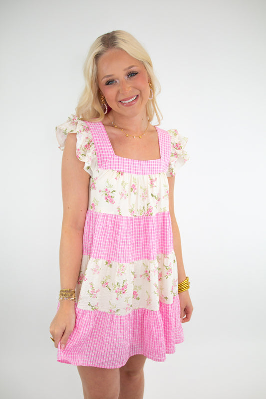 Pink Floral Gingham Dress