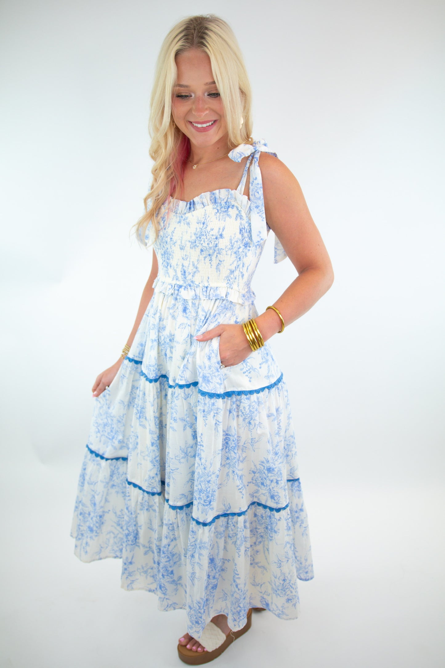 Blue Floral Smocked Ruffle Trim Midi Dress